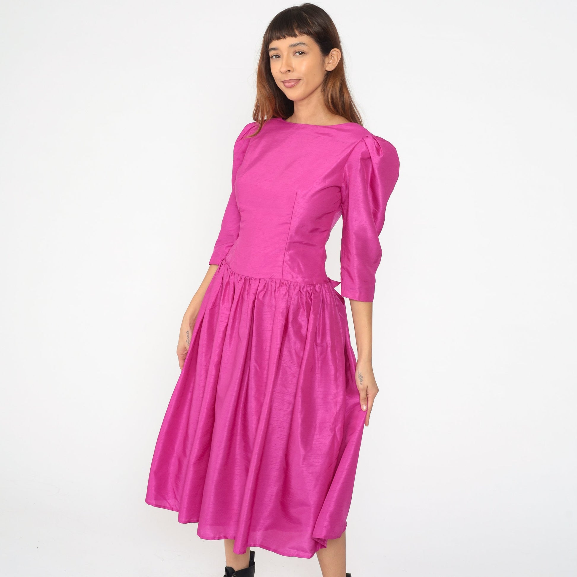 80s Fuchsia Pink Puff Sleeve Midi Dress Drop Waist Full Skirt Small