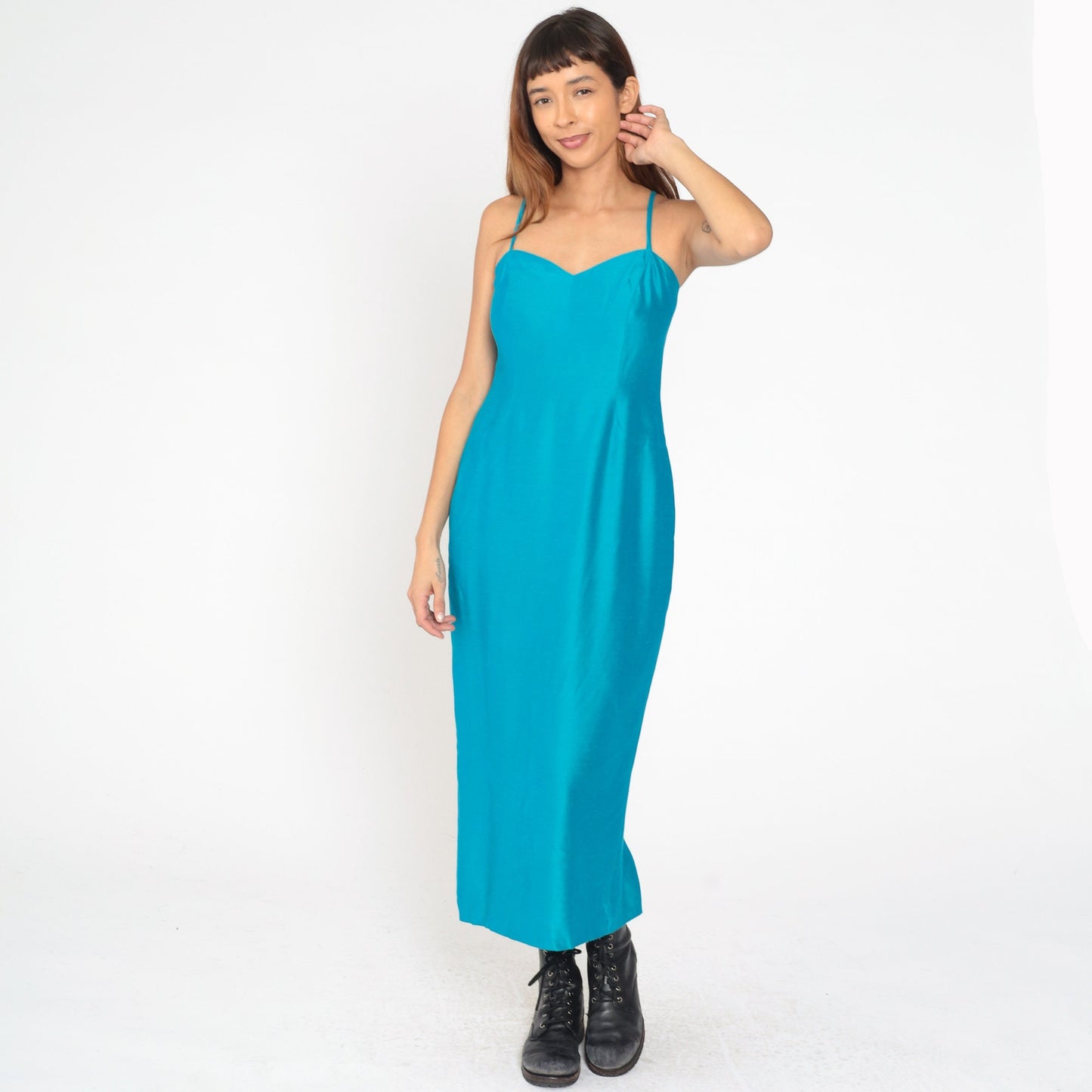 60s House of Bianchi Blue Maxi Dress Sweetheart Neckline Spaghetti Strap Small