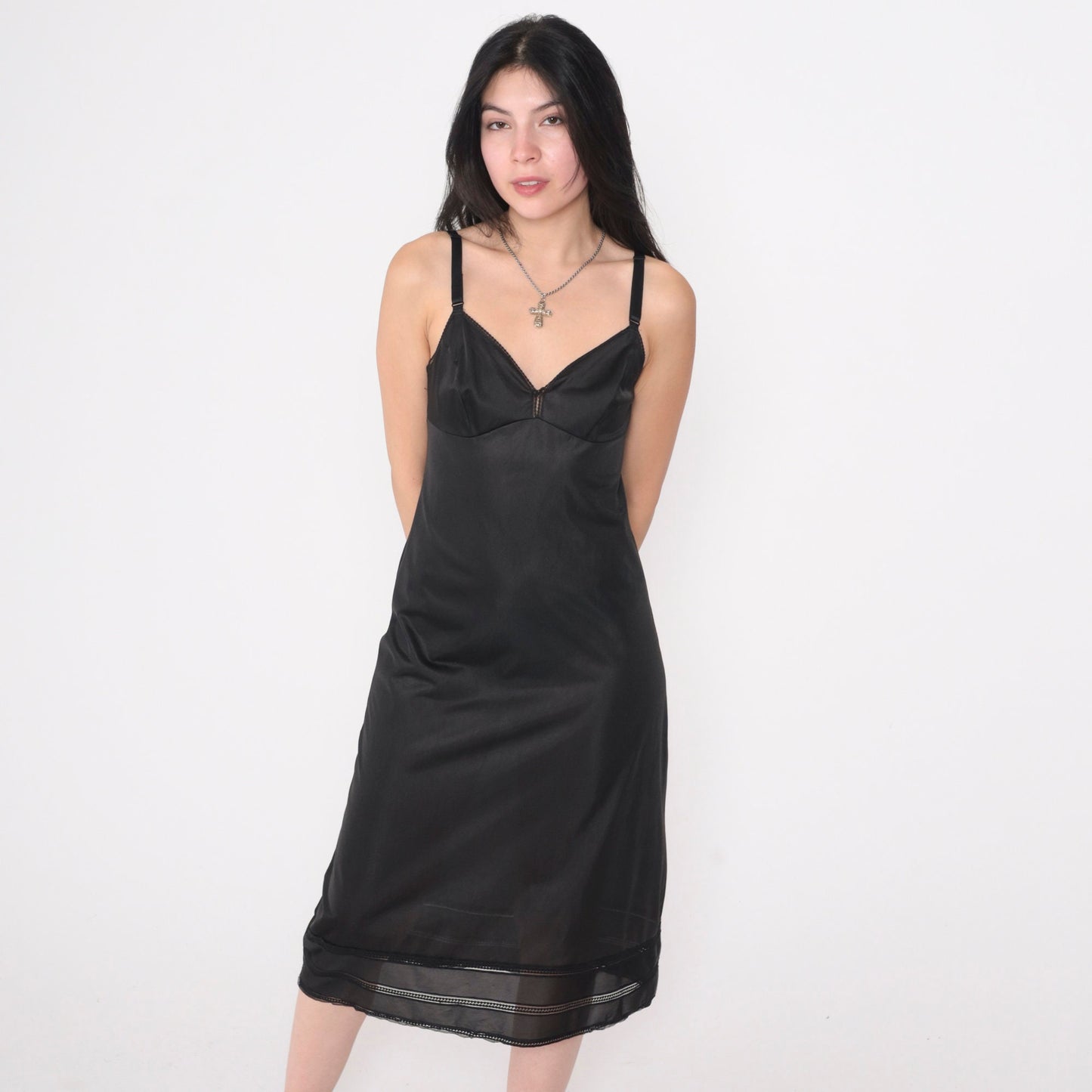80s Black Nylon Slip Dress Empire Waist Midi Spaghetti Strap Small