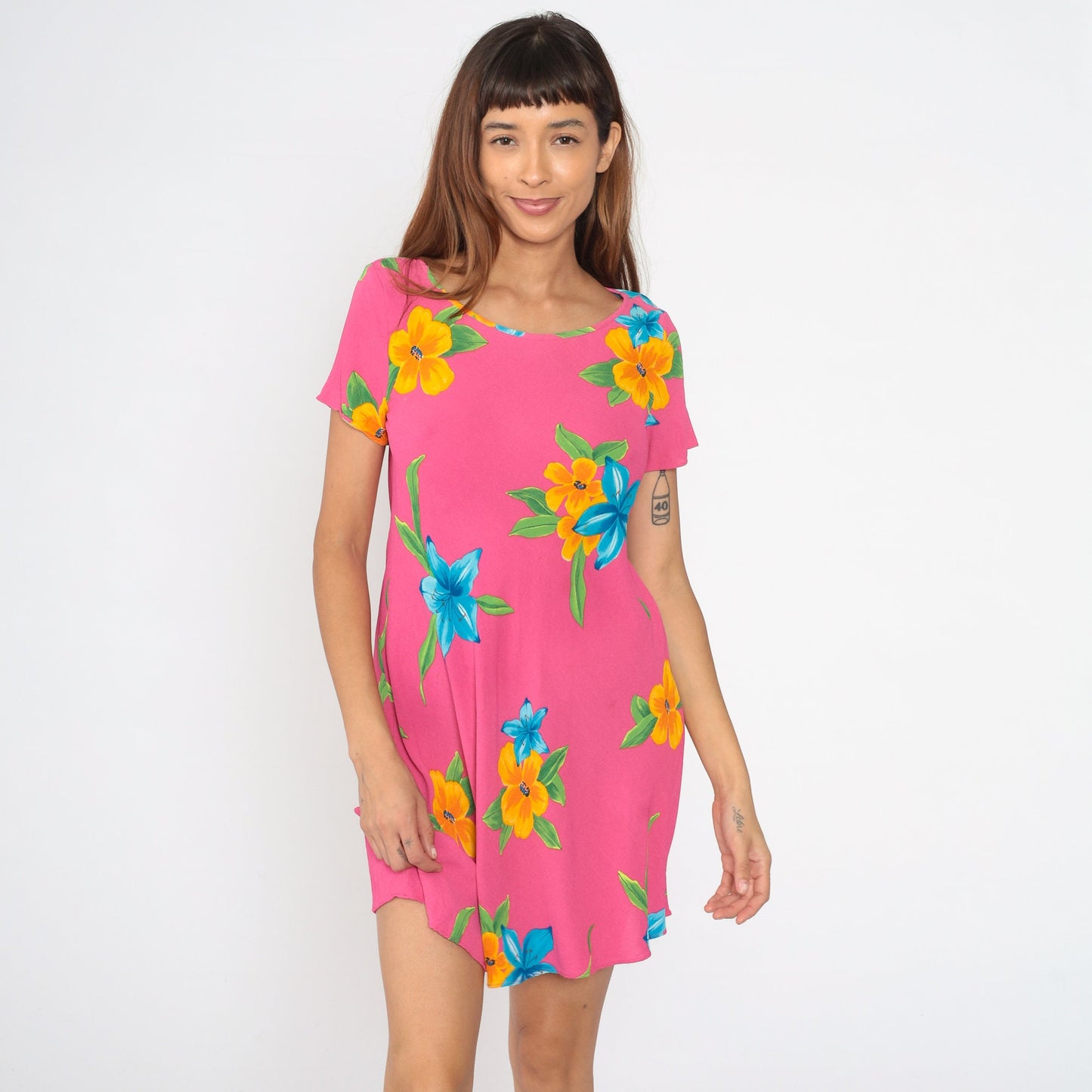 90s Casual Corner Floral Mini Dress Pink Tropical Flower Print Small S