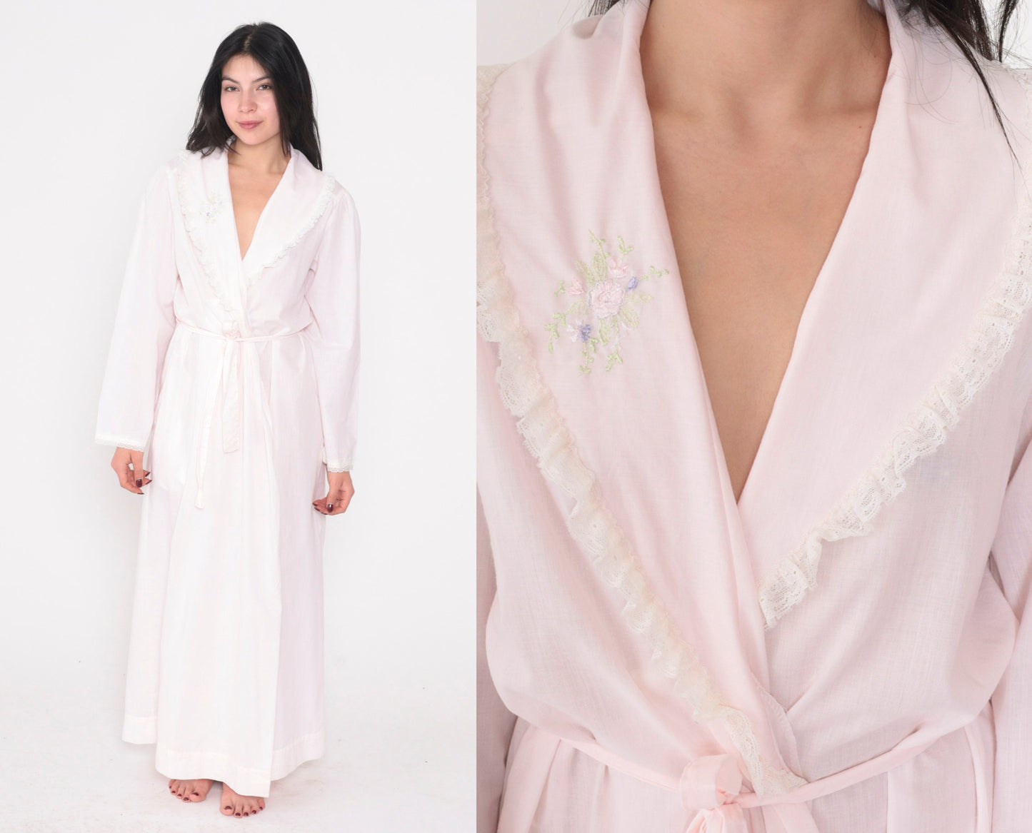 70s Lewis Frimel Pink Maxi Lingerie Robe Lace Floral Embroidered Tie Front Small