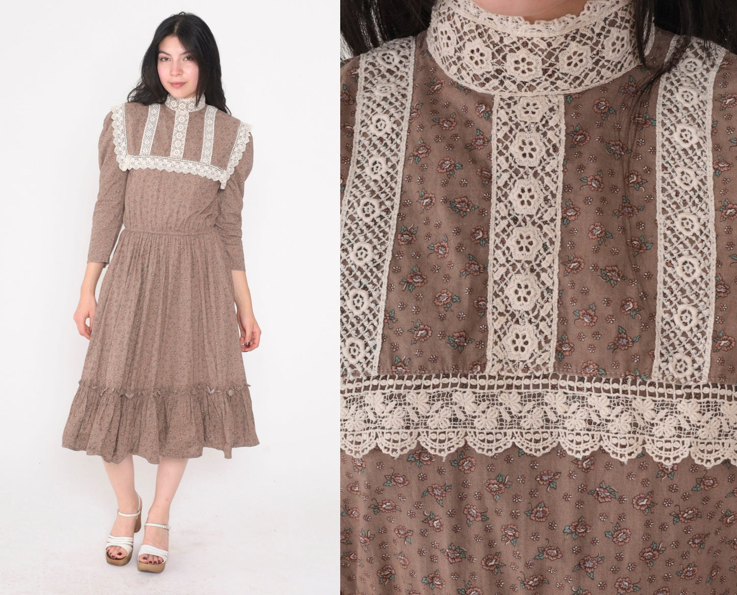 70s Jessica McClintock Floral Prairie Midi Dress Cocoa Brown Lace Bib Extra Small