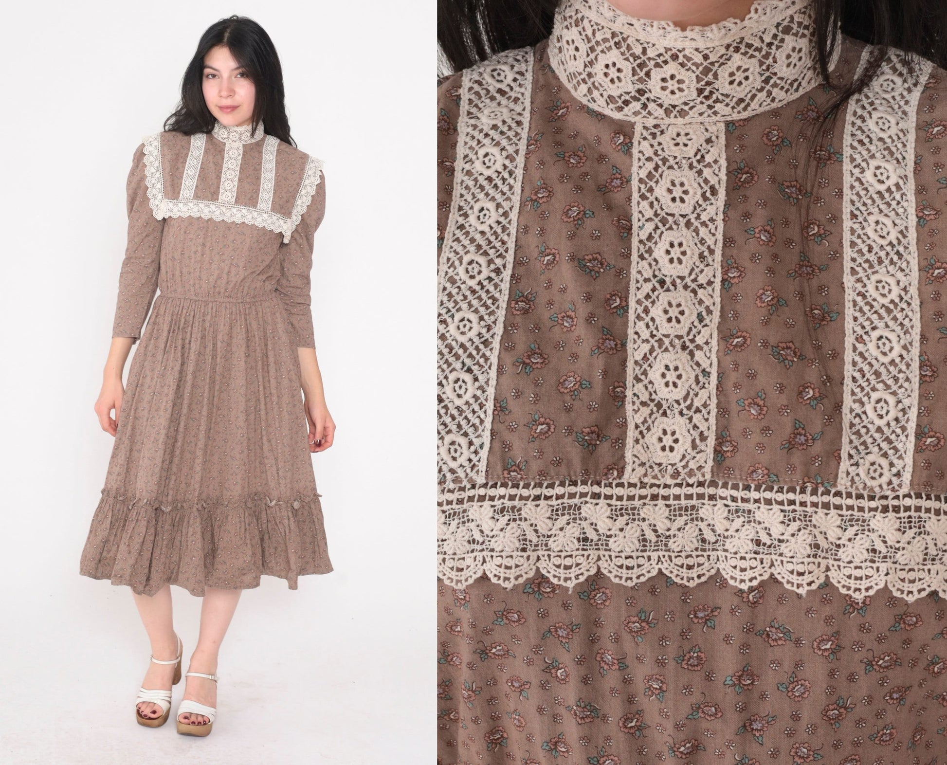 70s Jessica McClintock Floral Prairie Midi Dress Cocoa Brown Lace Bib Extra Small