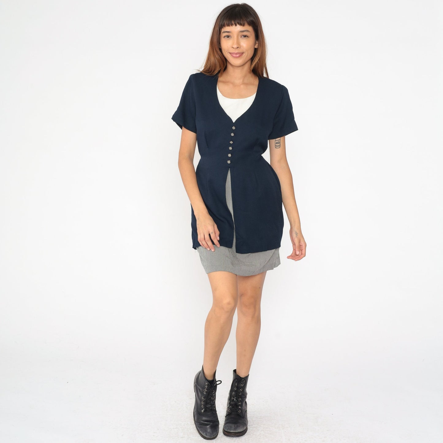 90s Navy Checkered Mini Dress with Attached Jacket Short Sleeve Medium