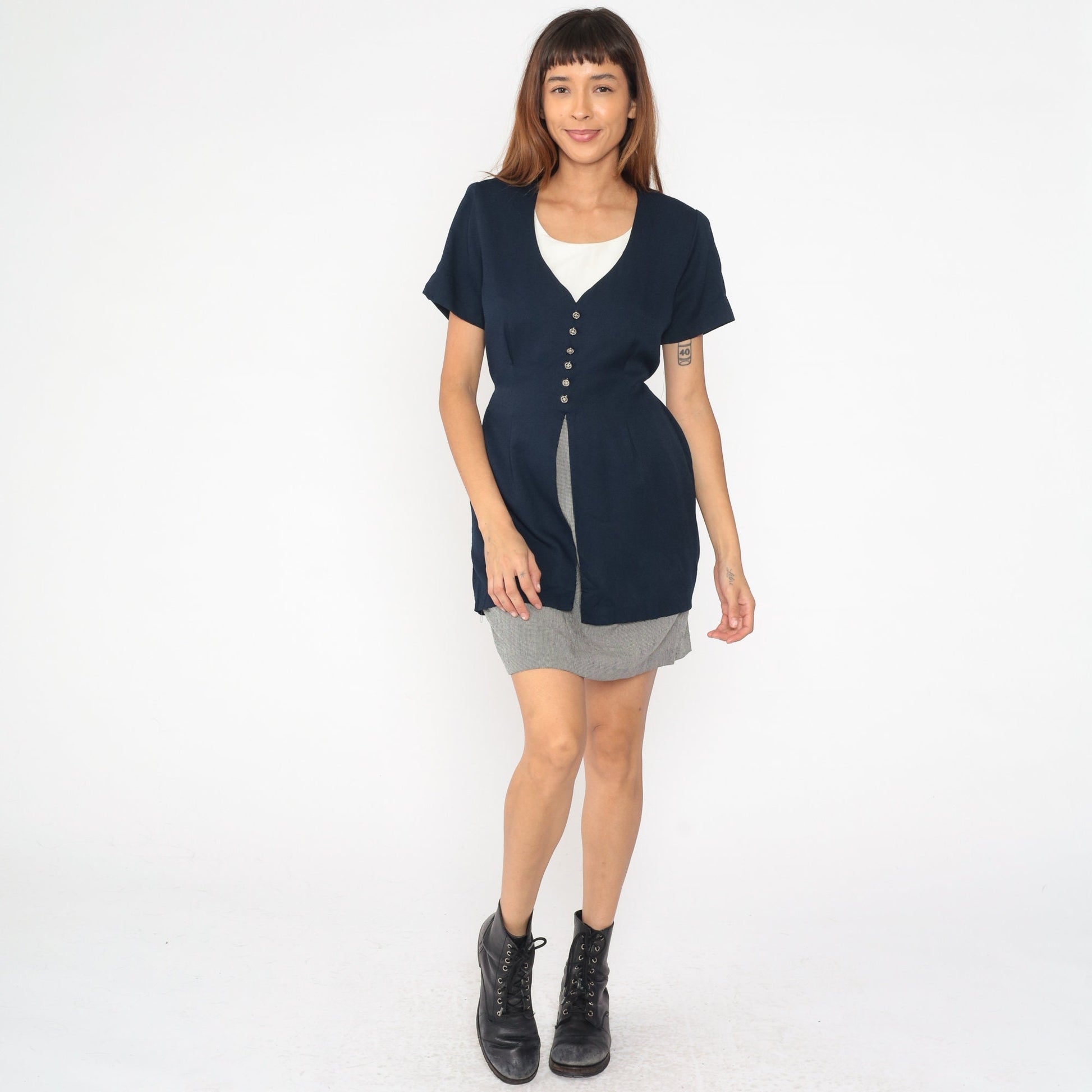 90s Navy Checkered Mini Dress with Attached Jacket Short Sleeve Medium