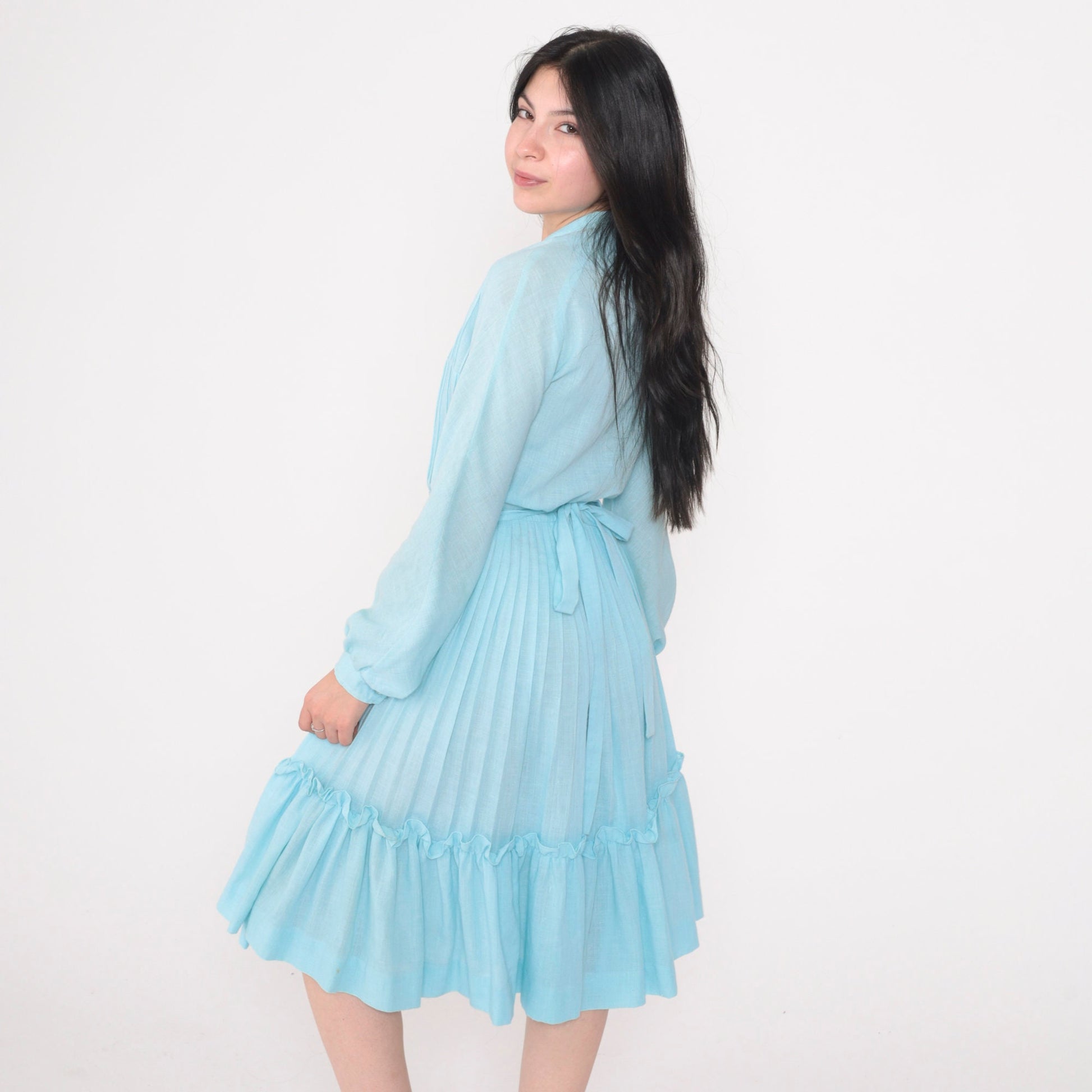 80s Neiman Marcus Blue Shirtwaist Midi Dress Puff Sleeve High Waist Small