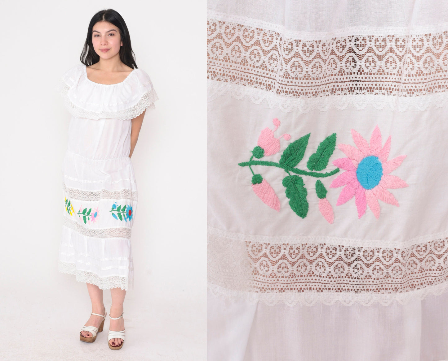 80s White Floral Embroidered Off-Shoulder Midi Dress Tiered Skirt Medium Large