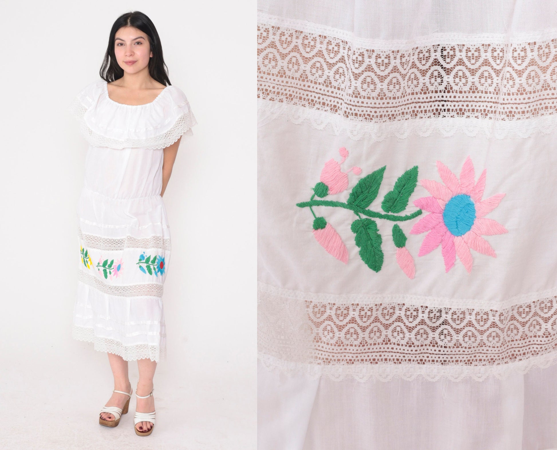 80s White Floral Embroidered Off-Shoulder Midi Dress Tiered Skirt Medium Large