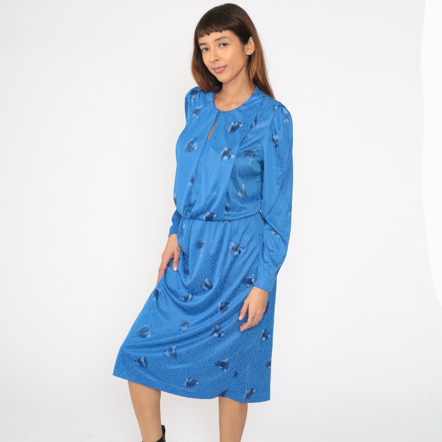 80s Blue Brushstroke Midi Dress Puff Sleeve High Waist Blouson Large
