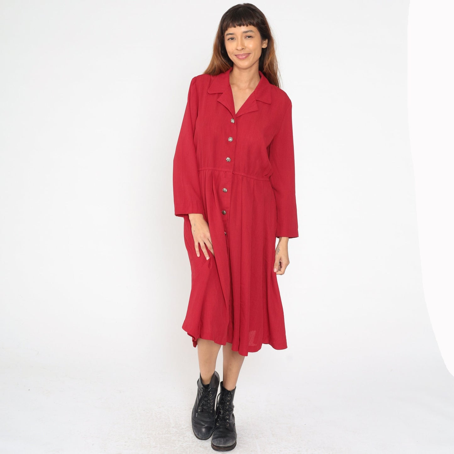 90s Leslie Fay Red Button-Up Midi Dress Elastic Waist Petite Medium