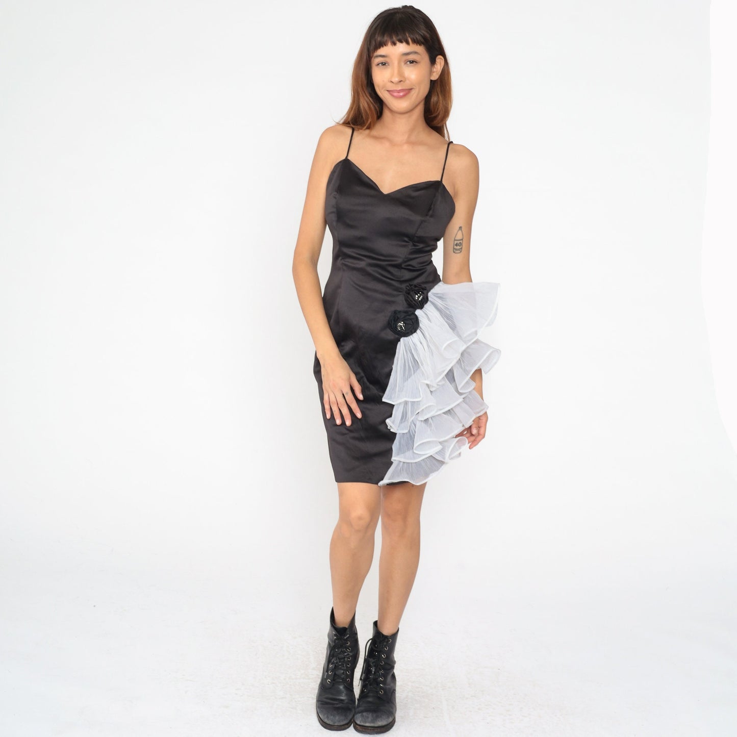 80s Black Organza Ruffle Mini Dress Sweetheart Neckline Rhinestone Rosettes Small