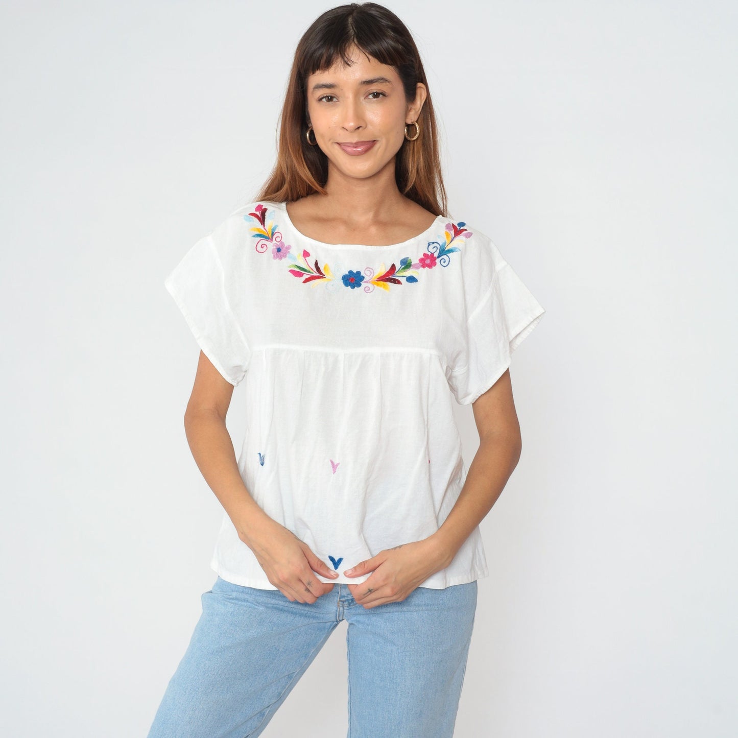 90s Mexican Floral Embroidered Blouse White Cotton Babydoll Empire Waist Small