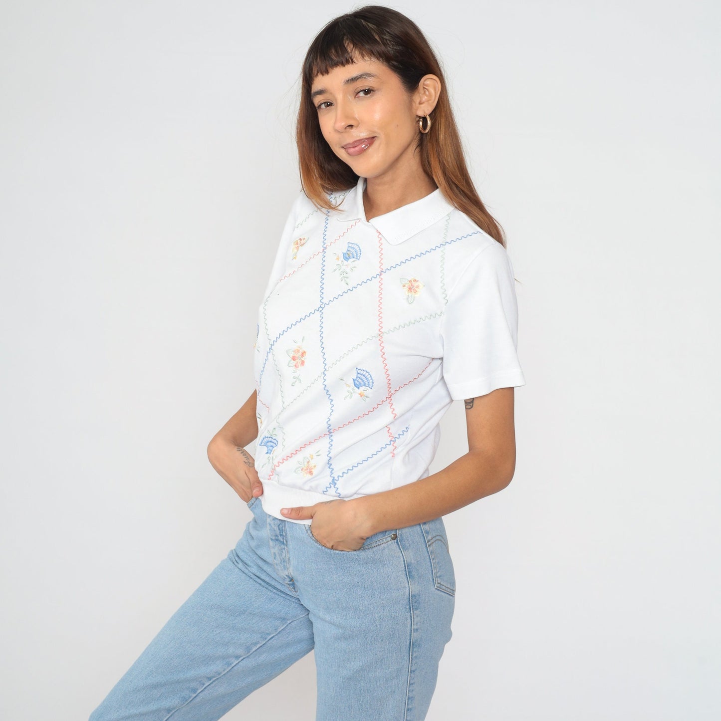 90s Alfred Dunner Floral Embroidered Polo Shirt White Sequin Pastel Small