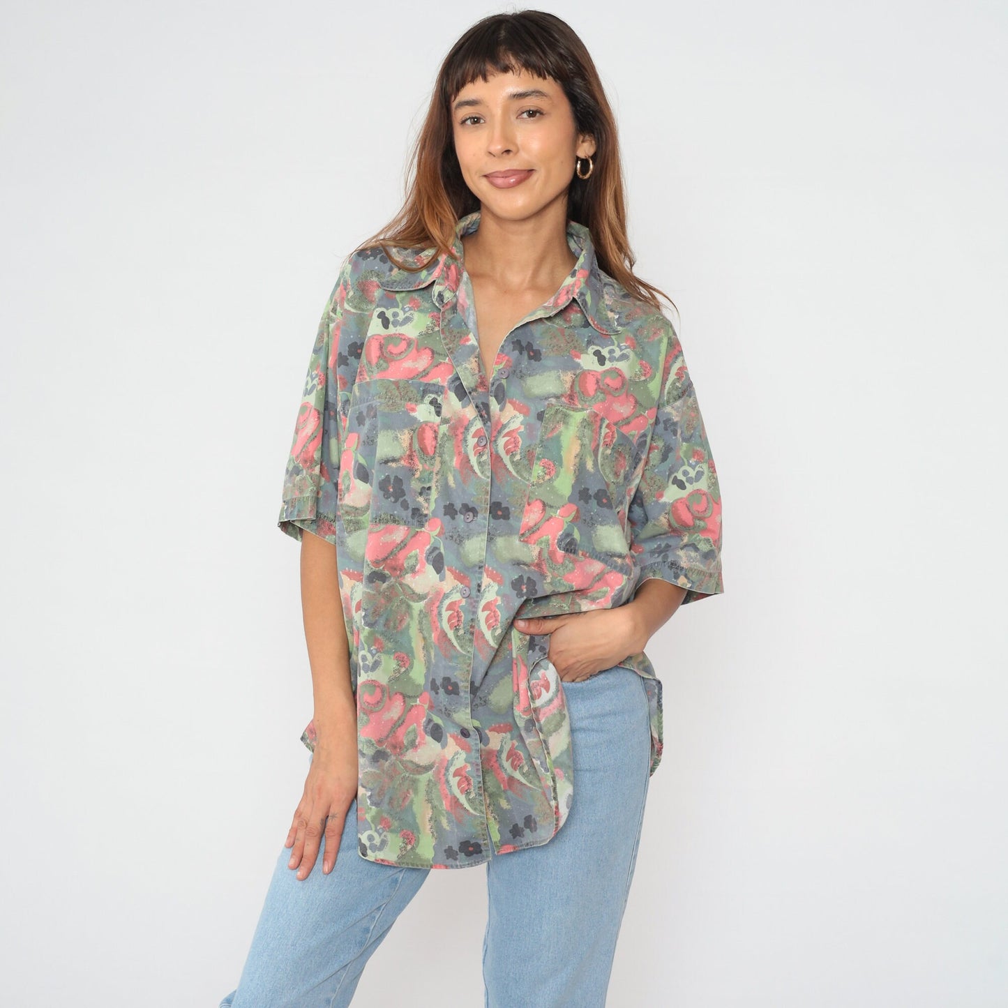 90s Abstract Floral Button-Up Blouse Plus Size Grey Pink Green Short Sleeve XXL