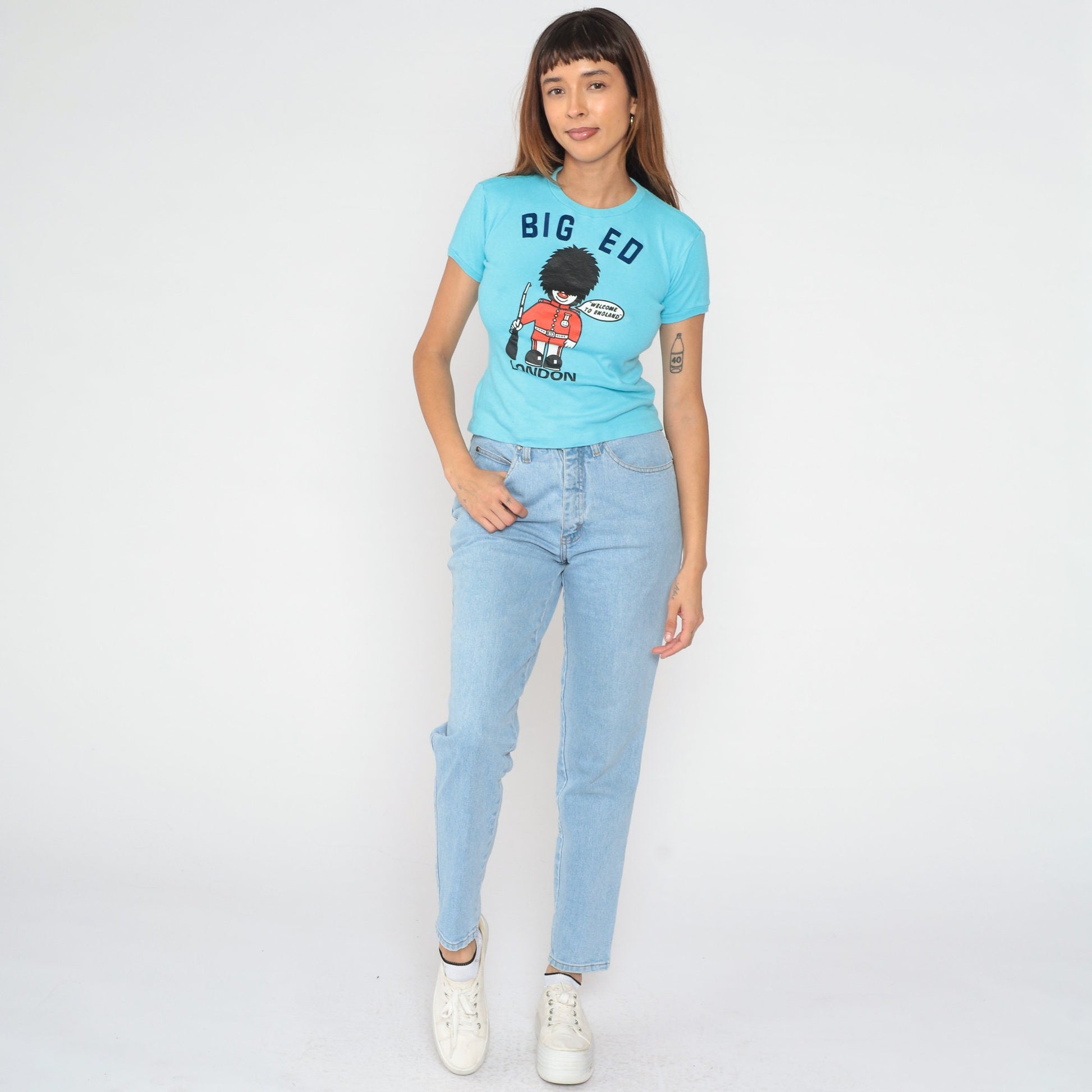80s London King's Guard Big Ed Graphic Baby Tee Blue Cotton Small S