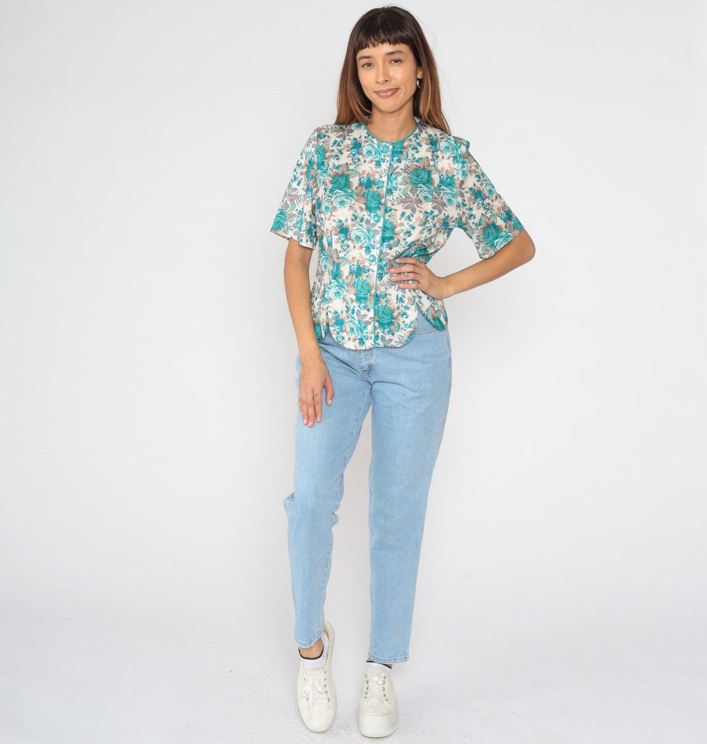 80s Blue Floral Button-Up Blouse Short Sleeve Rose Print Shirt Medium