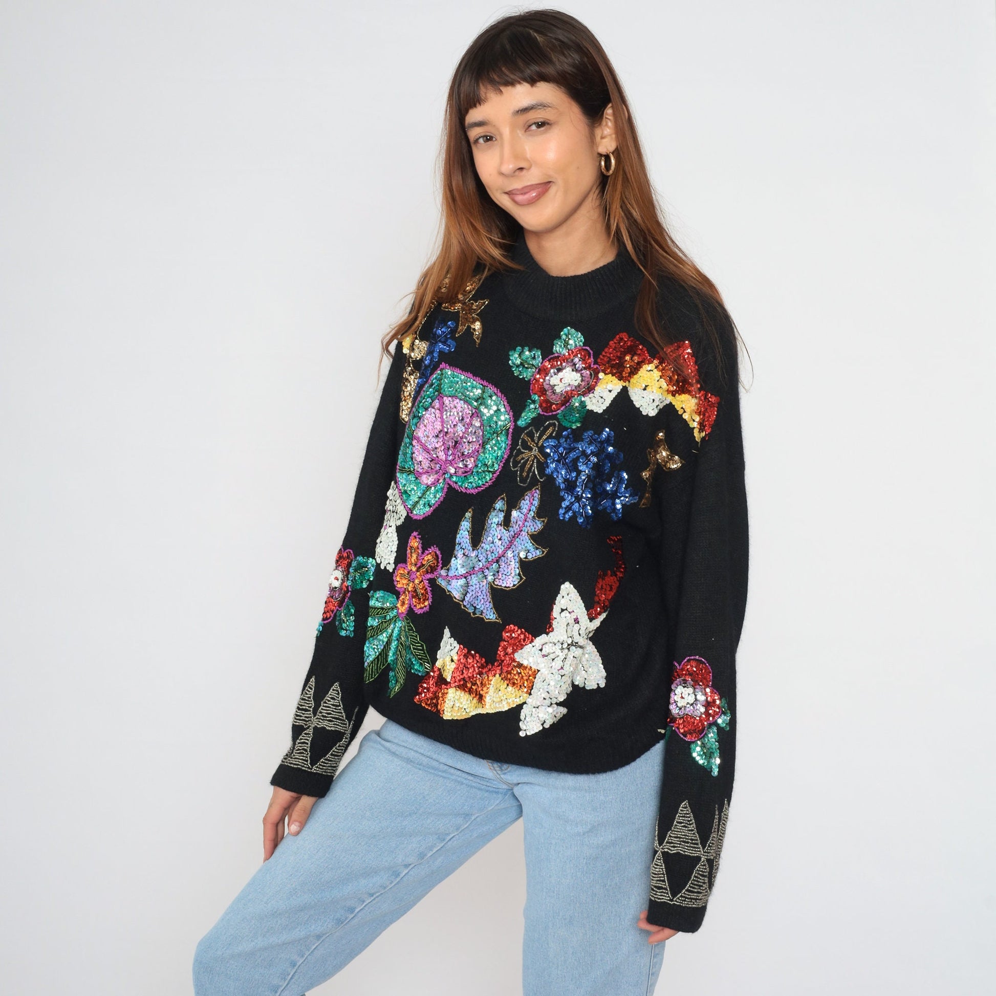 90s Black Sequin Floral Sweater Knit Pullover Silk Angora Blend Medium M