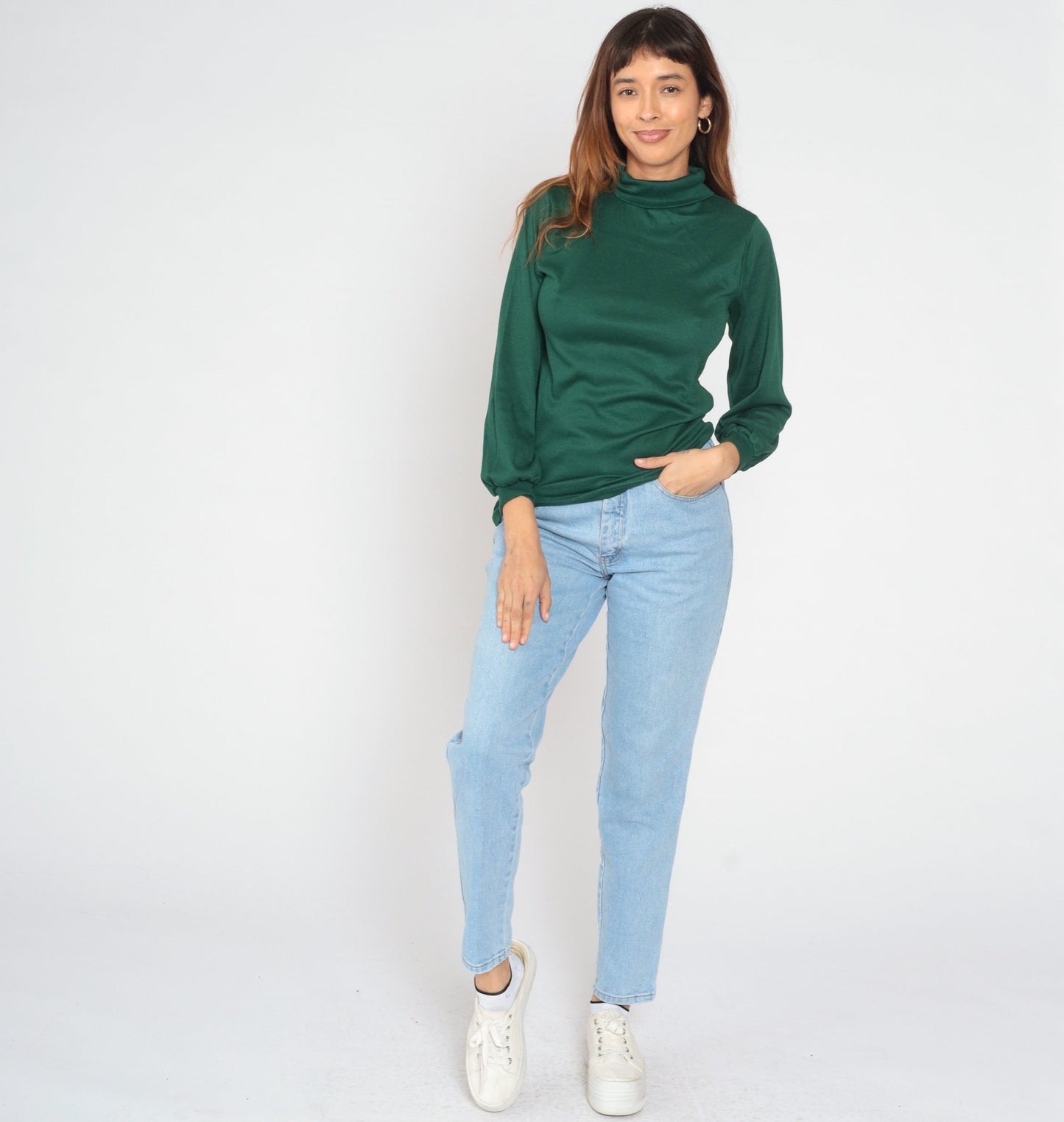 80s Forest Green Turtleneck Balloon Sleeve Blouse Large L