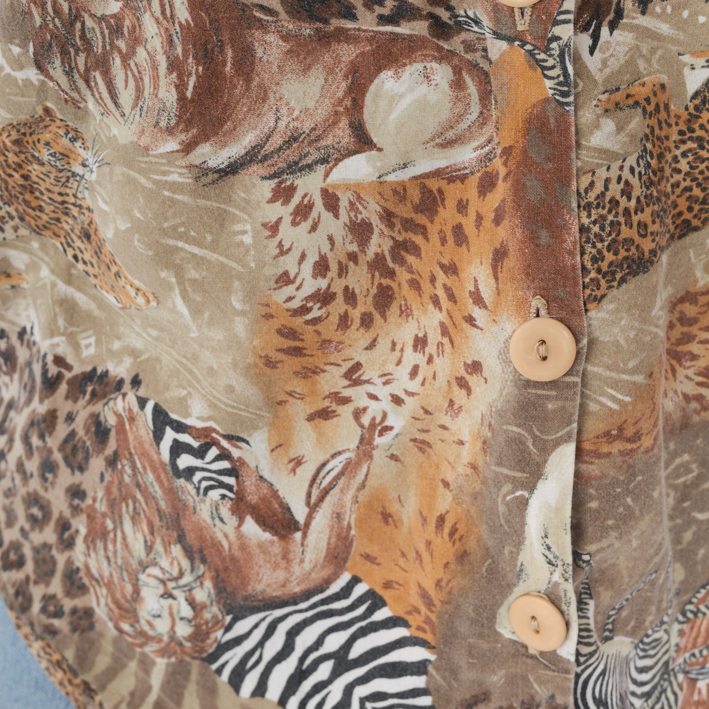 90s Safari Animal Print Button-Up Blouse Lion Zebra Elephant Medium