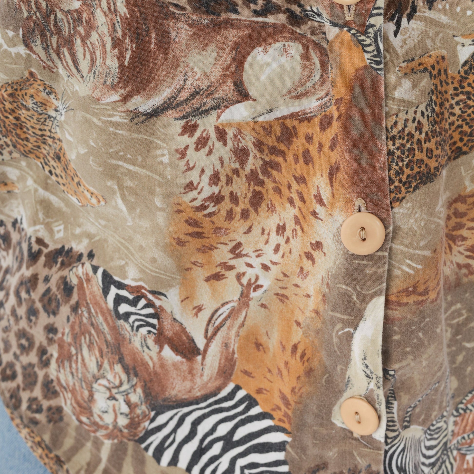 90s Safari Animal Print Button-Up Blouse Lion Zebra Elephant Medium