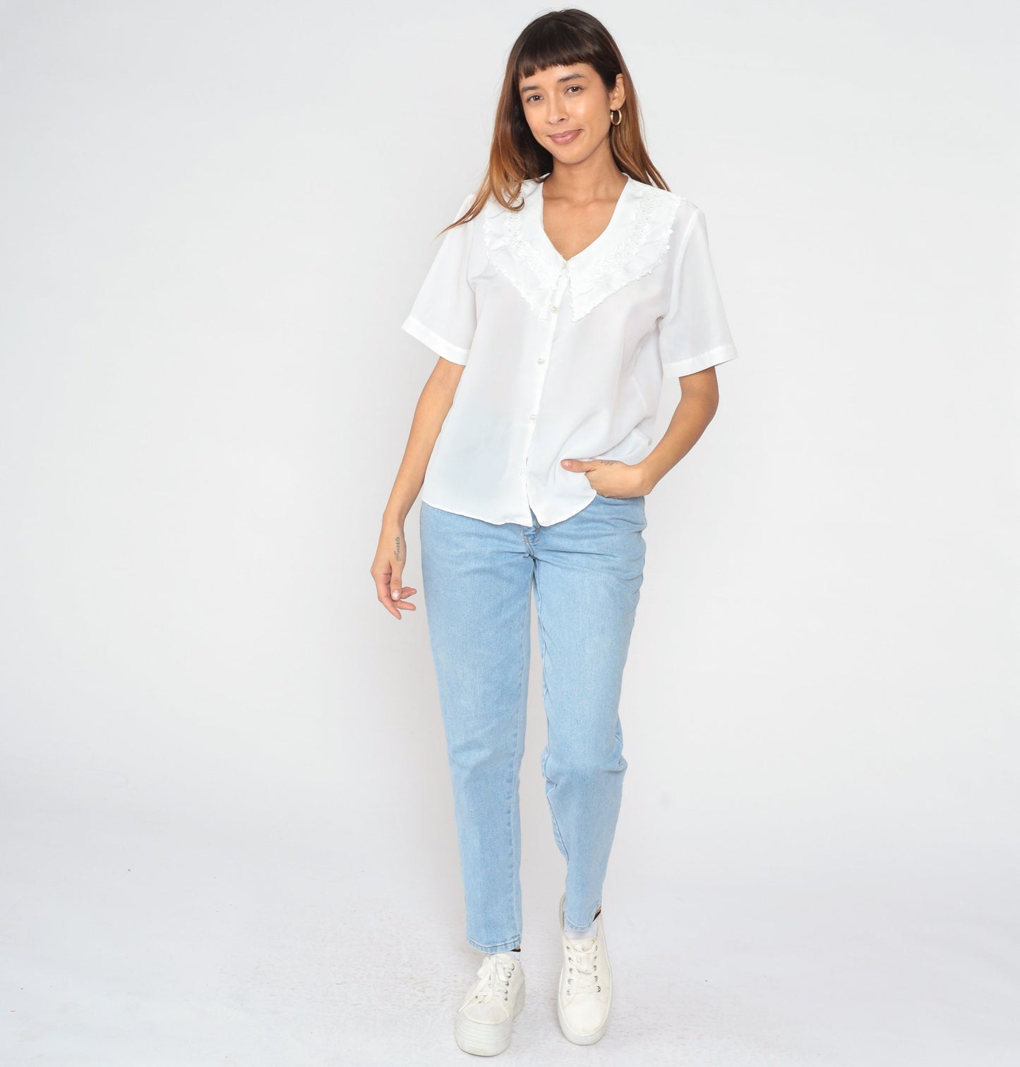 90s White Floral Bertha Collar Blouse Button-Up Short Sleeve Medium