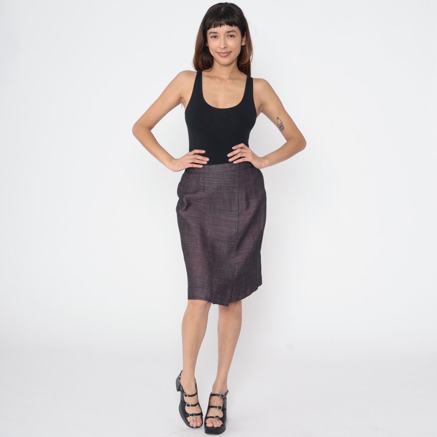 80s Heathered Black Pink Pencil Skirt High Waist Midi Kick Pleat Medium