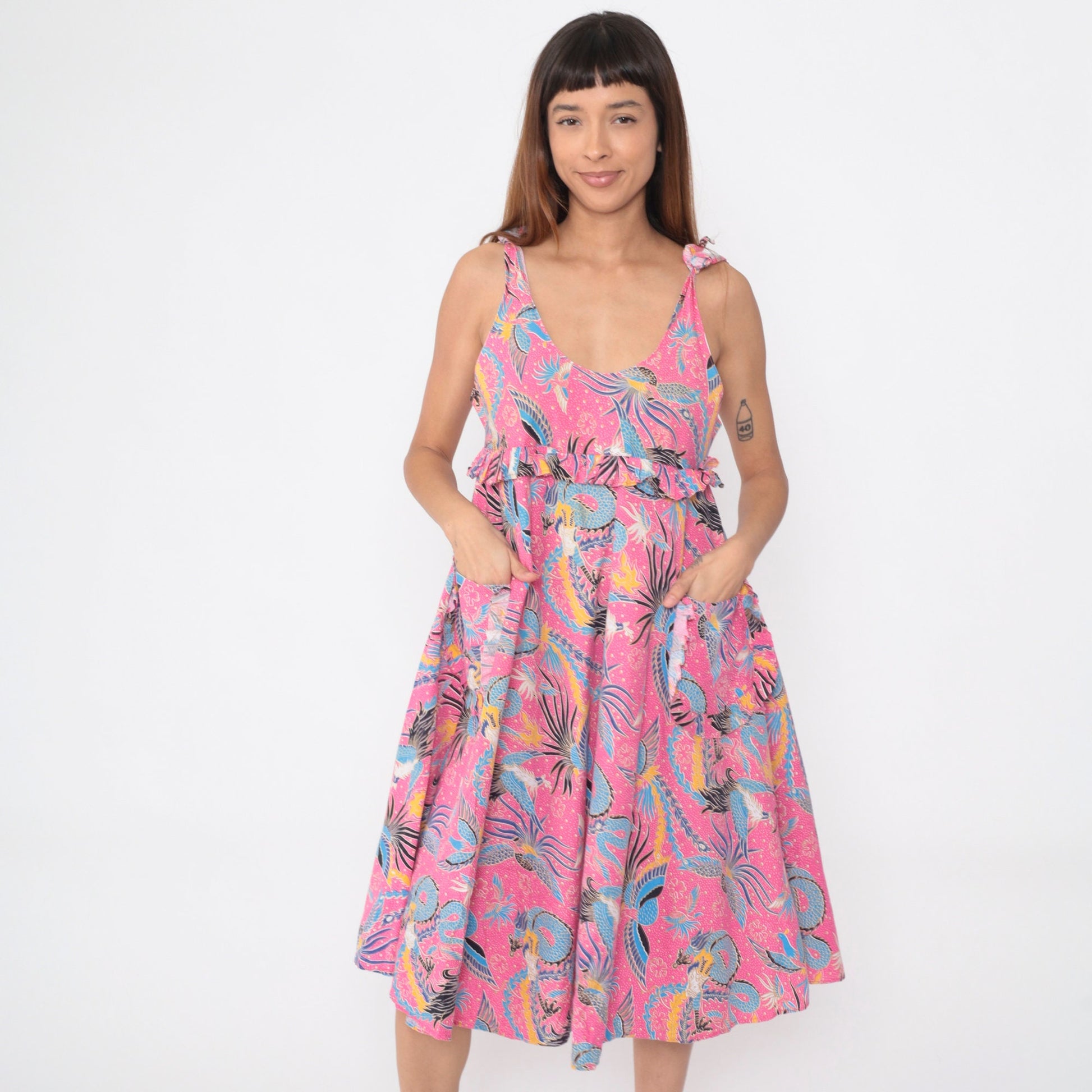 80s Dragon Phoenix Bird Print Pink Midi Sundress Empire Waist Small