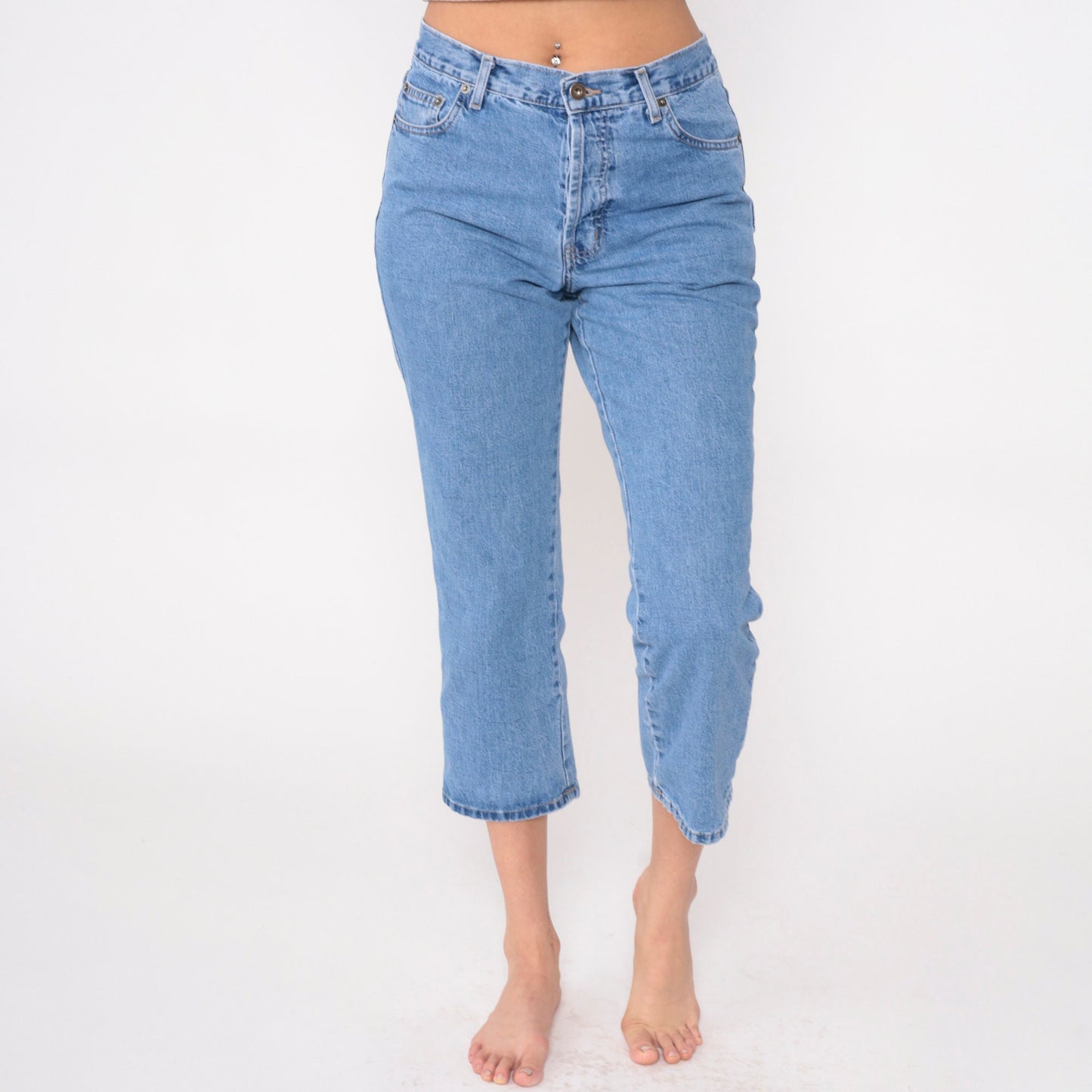 90s Capri Jeans Button Fly Mid Rise Cropped Denim Blue Small