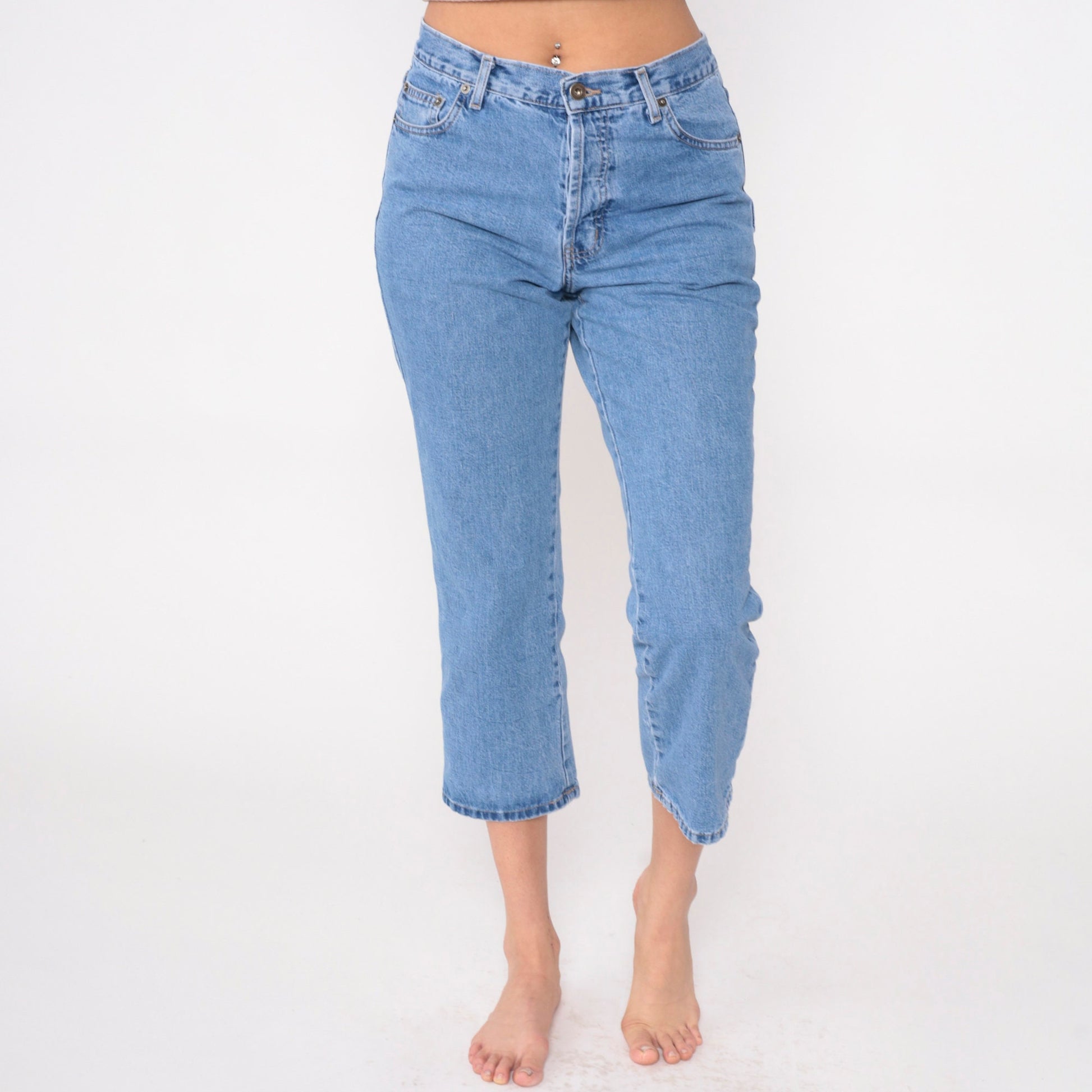 90s Capri Jeans Button Fly Mid Rise Cropped Denim Blue Small