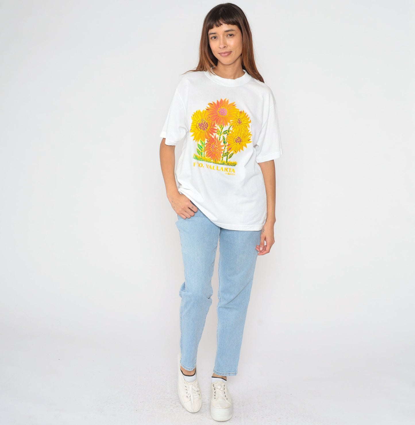 90s Puerto Vallarta Mexico Sunflower Graphic T-Shirt White Extra Large