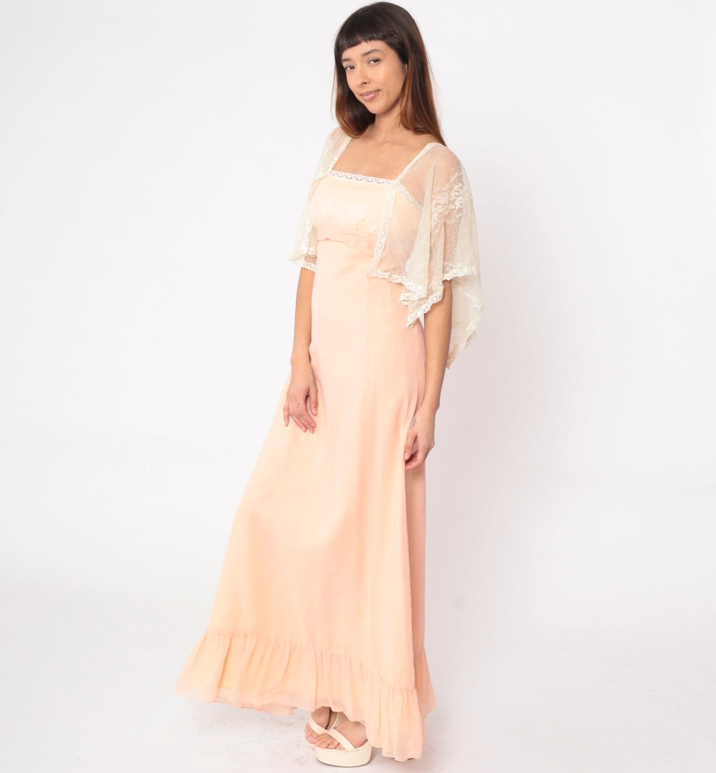 70s Peach Lace Maxi Dress Empire Waist Flutter Sleeve Small