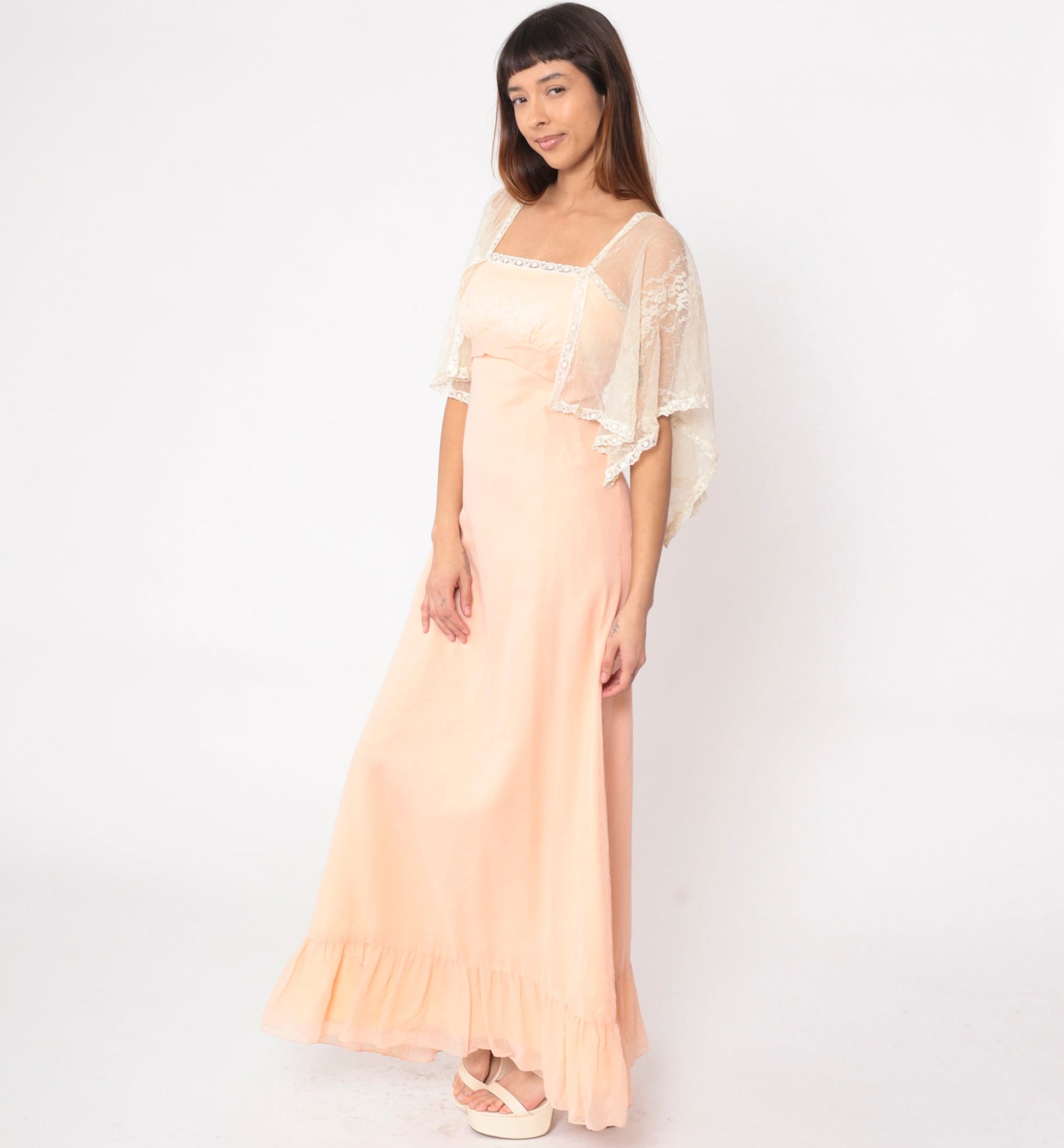 70s Peach Lace Maxi Dress Empire Waist Flutter Sleeve Small