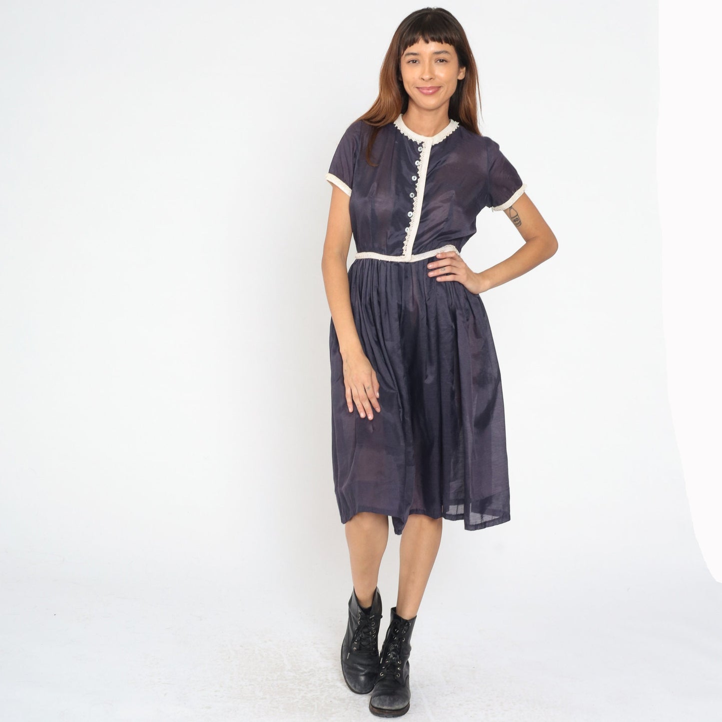 1950s Navy Sheer Button-Up Shirtdress Lace Trim Pleated Skirt Tea Length Small S