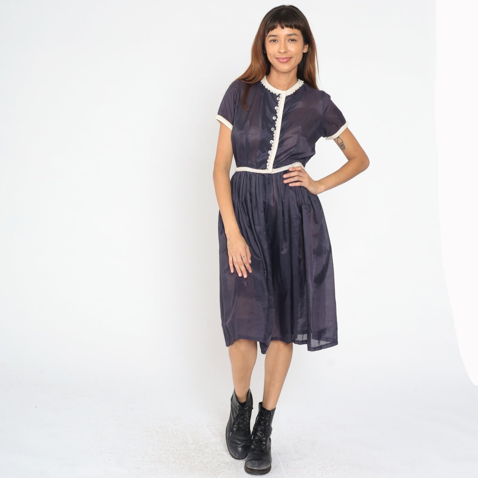 1950s Navy Sheer Button-Up Shirtdress Lace Trim Pleated Skirt Tea Length Small S