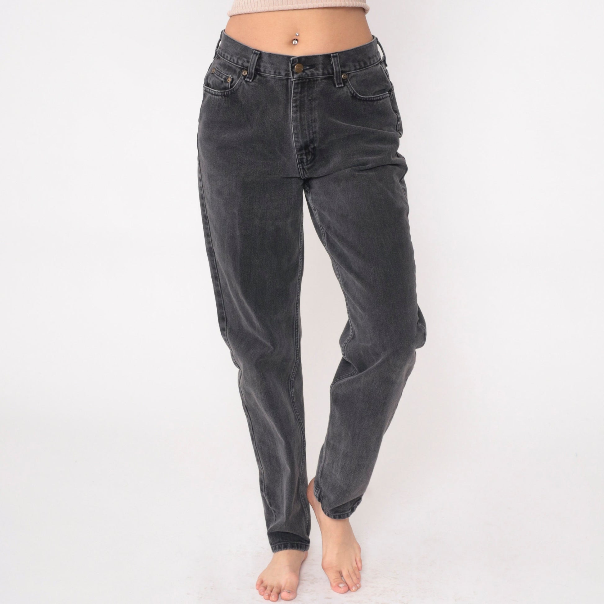 90s Liz Claiborne Faded Black Mom Jeans Tapered Mid Rise Denim Long Medium