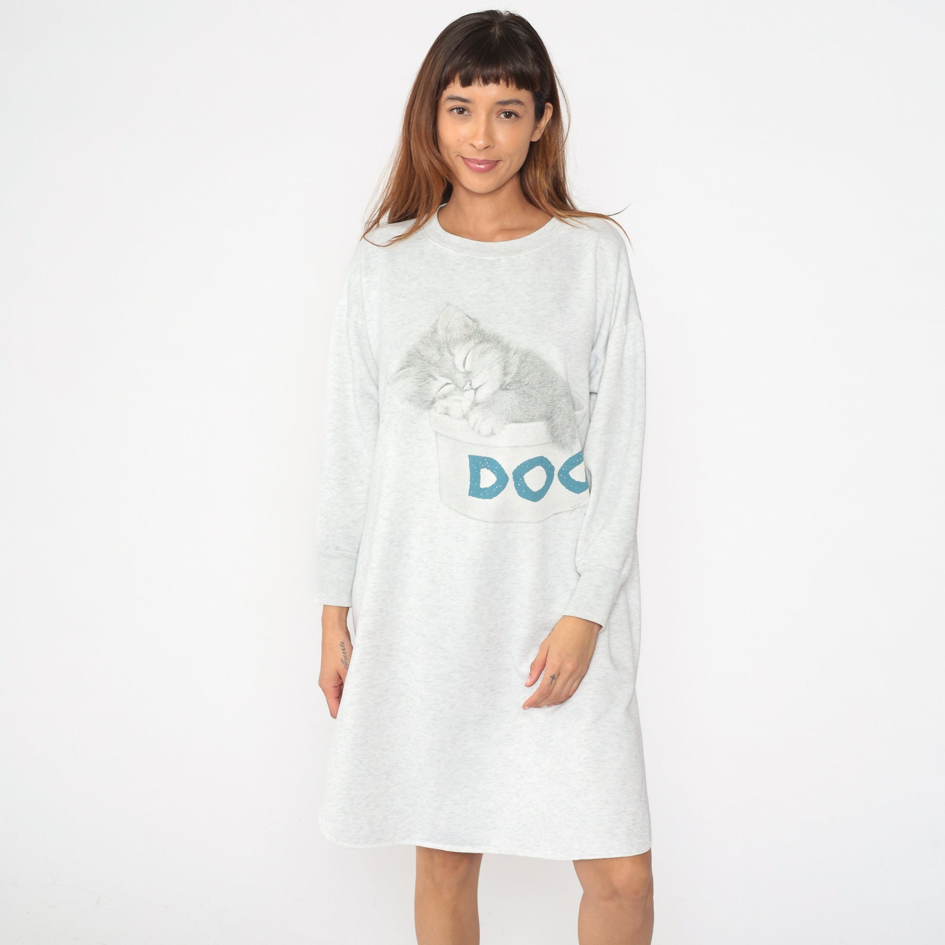 90s Kitten Pajama Dress Sweatshirt Nightgown Cat Graphic Grey Medium