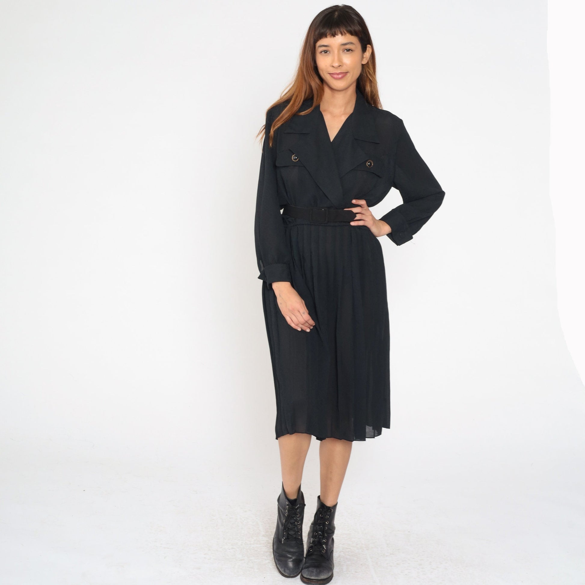 90s Black Wrap Midi Dress Surplice V-Neck High Waist Long Sleeve Medium 8