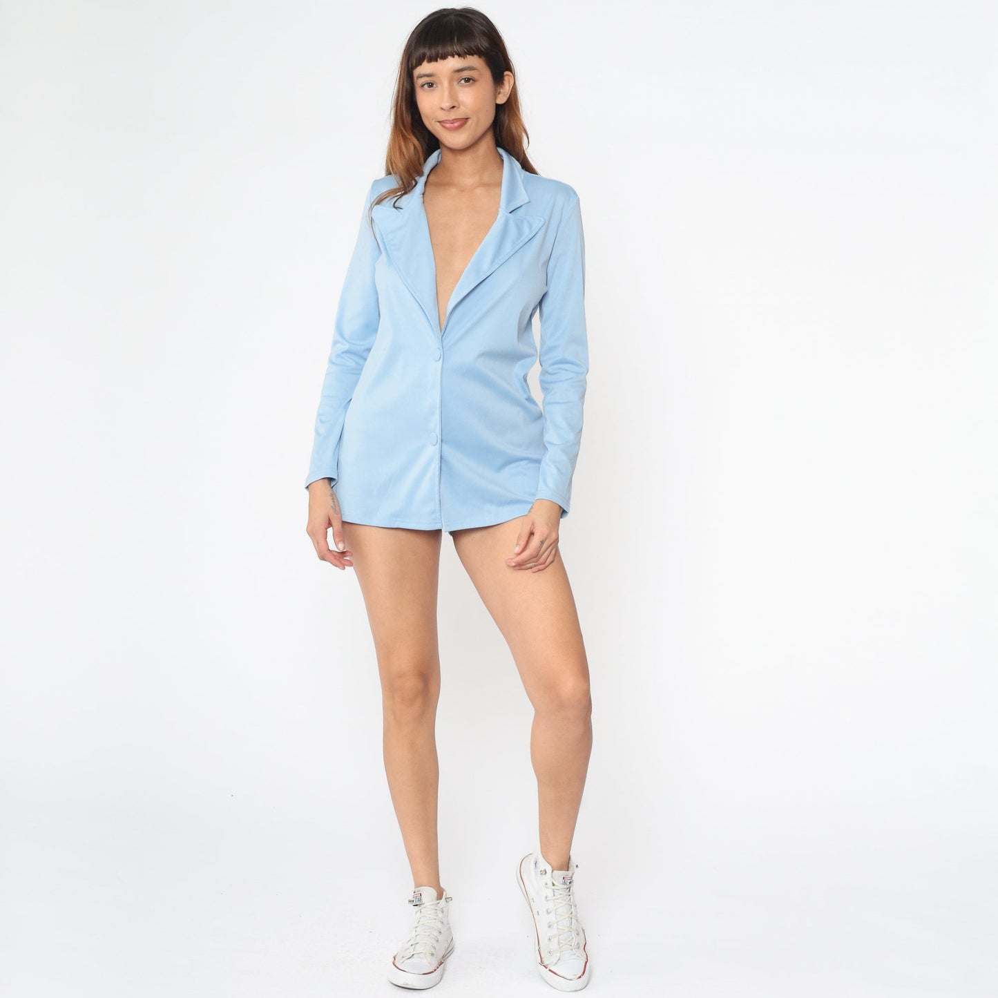 90s Baby Blue Blazer Deep V-Neck Two Button Jacket Medium M
