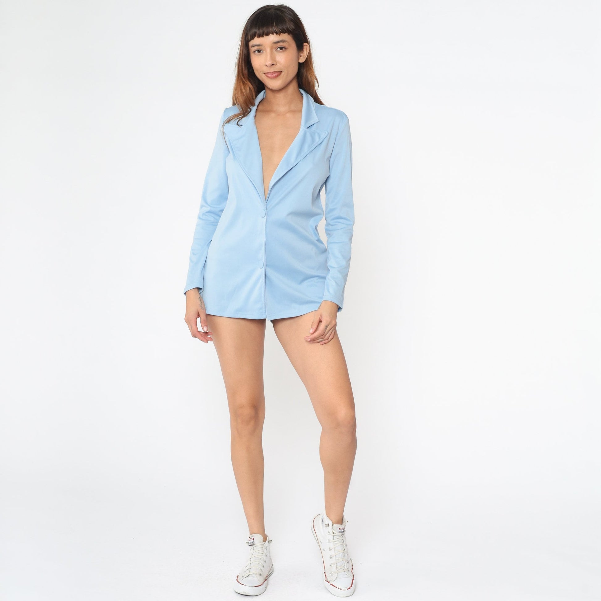 90s Baby Blue Blazer Deep V-Neck Two Button Jacket Medium M