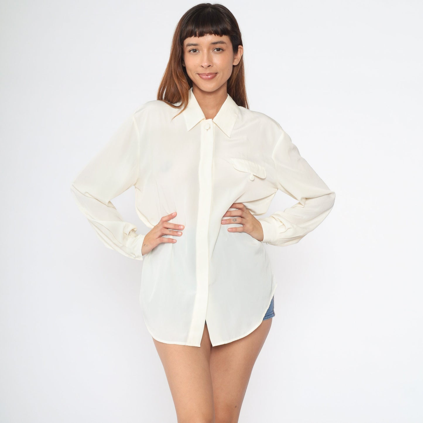 90s Cream Collared Blouse Hidden Button Long Sleeve Medium