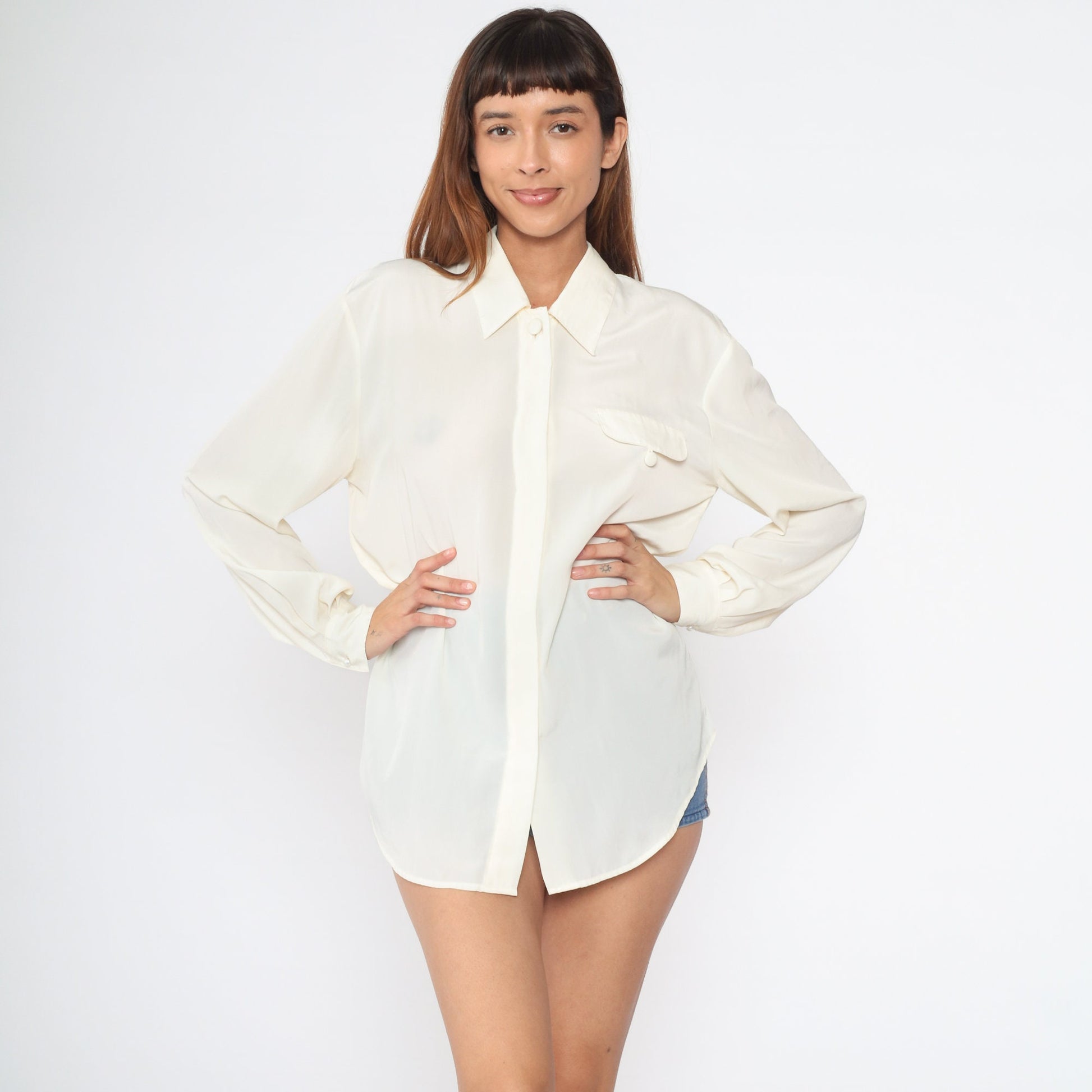 90s Cream Collared Blouse Hidden Button Long Sleeve Medium