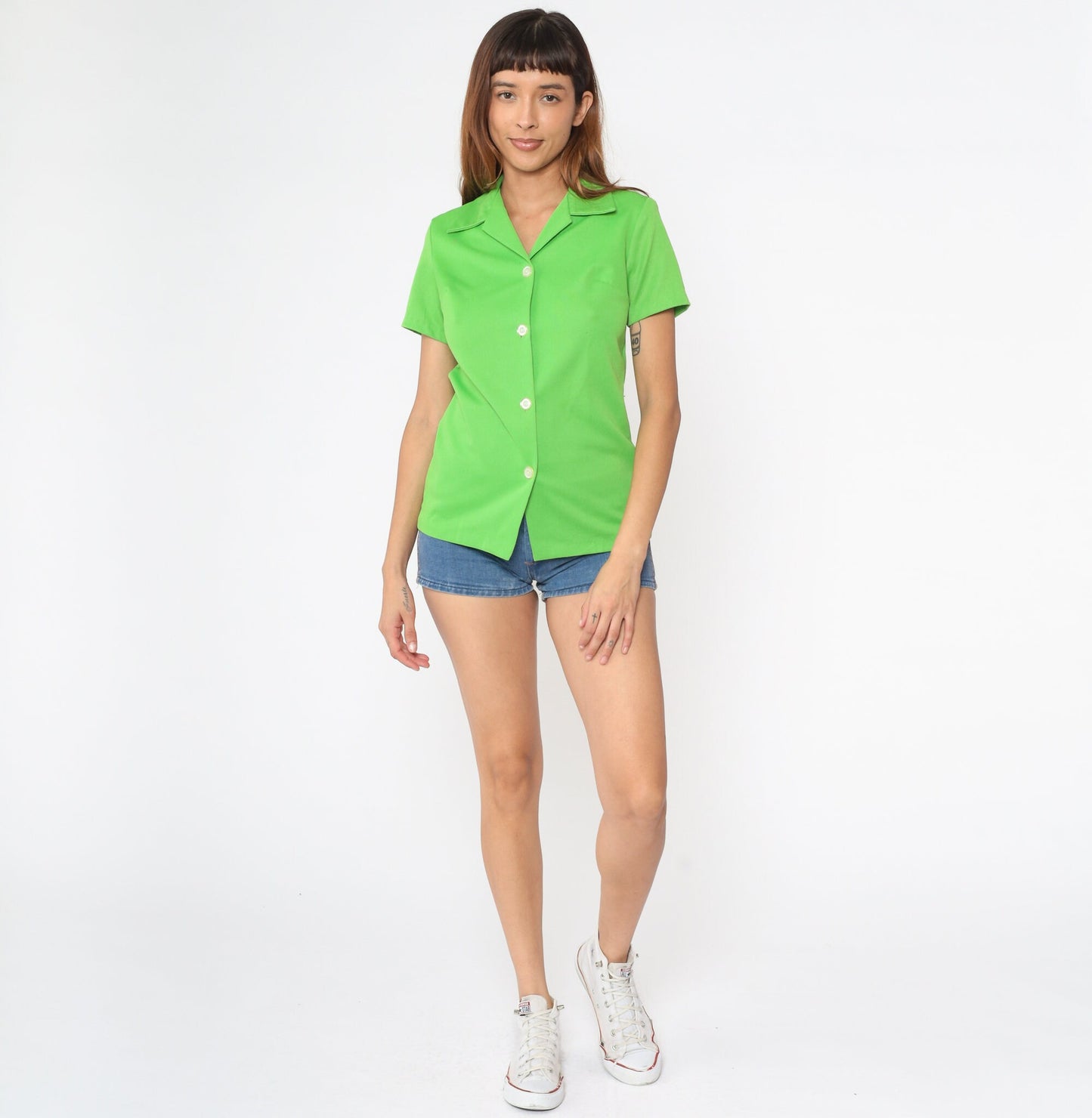 70s Lime Green Button-Up Blouse Short Sleeve Collar Small S