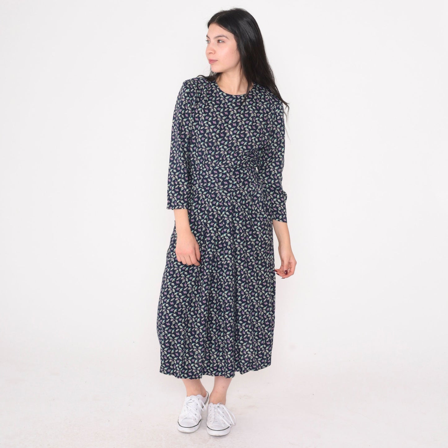 90s Navy Floral Midi Dress High Waisted 3/4 Sleeve Pleated Pockets Small