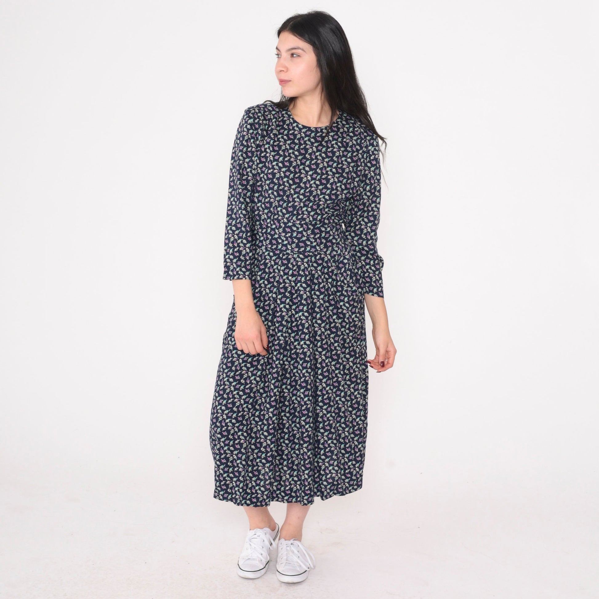 90s Navy Floral Midi Dress High Waisted 3/4 Sleeve Pleated Pockets Small