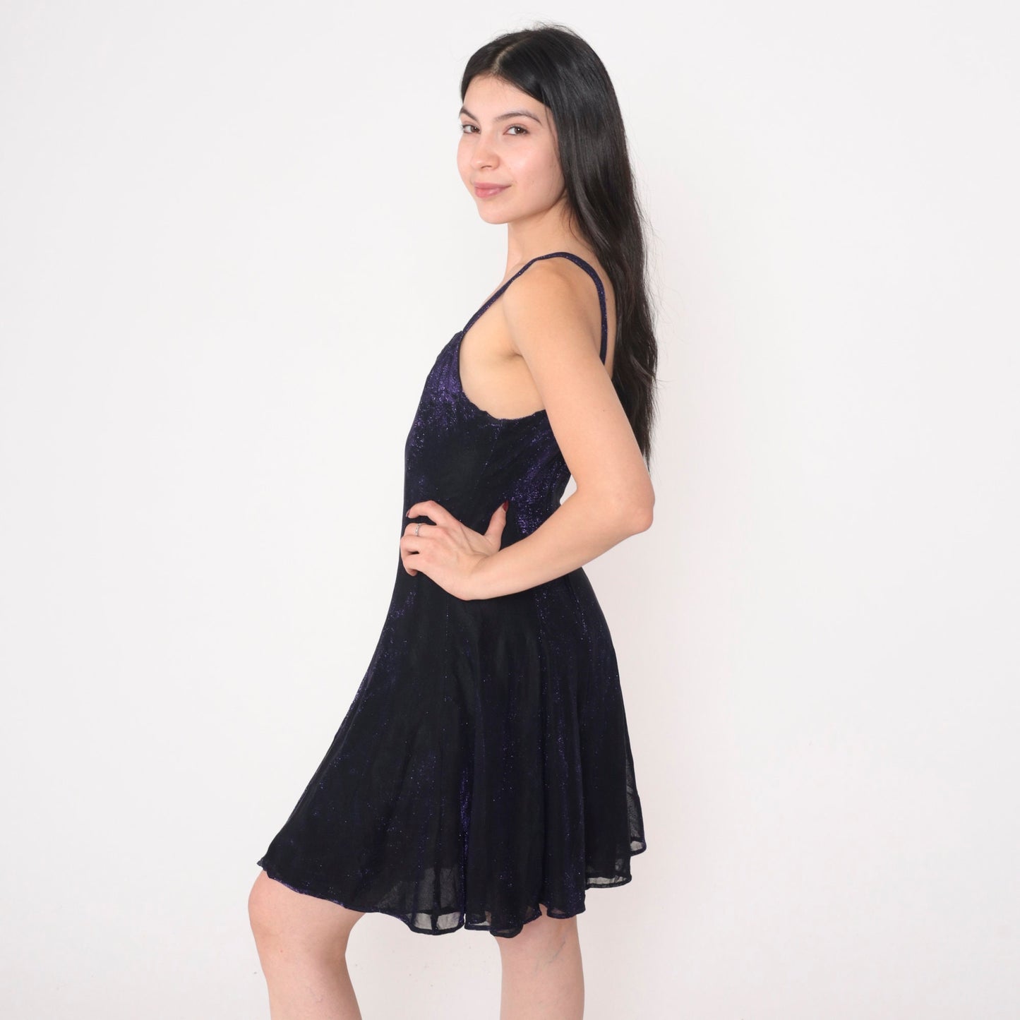 90s All That Jazz Metallic Purple Mini Dress Sleeveless Skater Large L