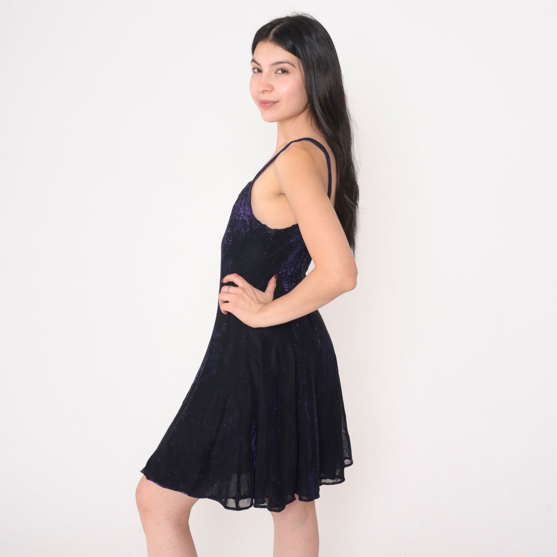 90s All That Jazz Metallic Purple Mini Dress Sleeveless Skater Large L