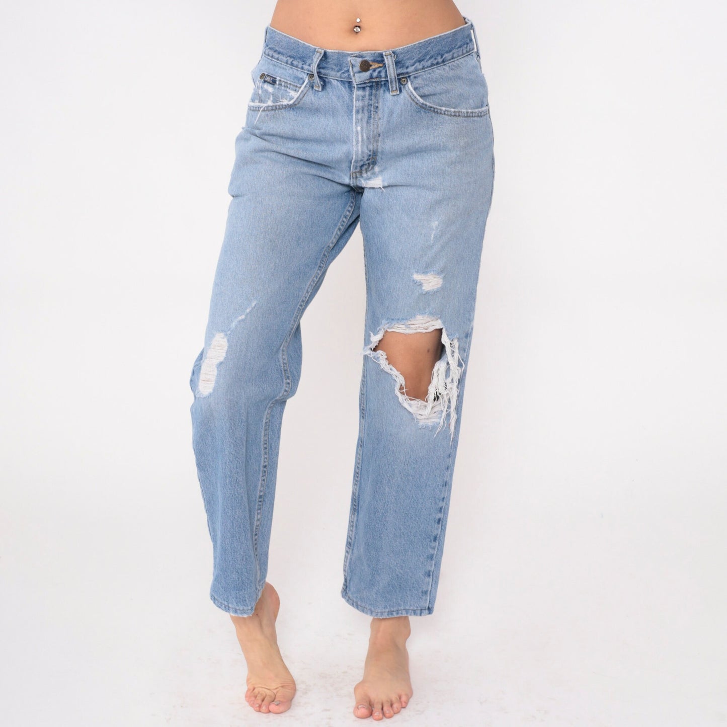 90s Lee Jeans Mid Rise Straight Leg Ripped Knee Blue Denim Medium