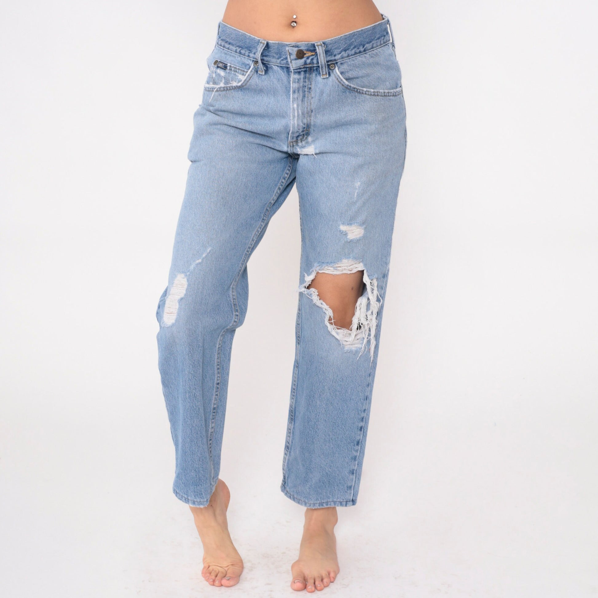 90s Lee Jeans Mid Rise Straight Leg Ripped Knee Blue Denim Medium