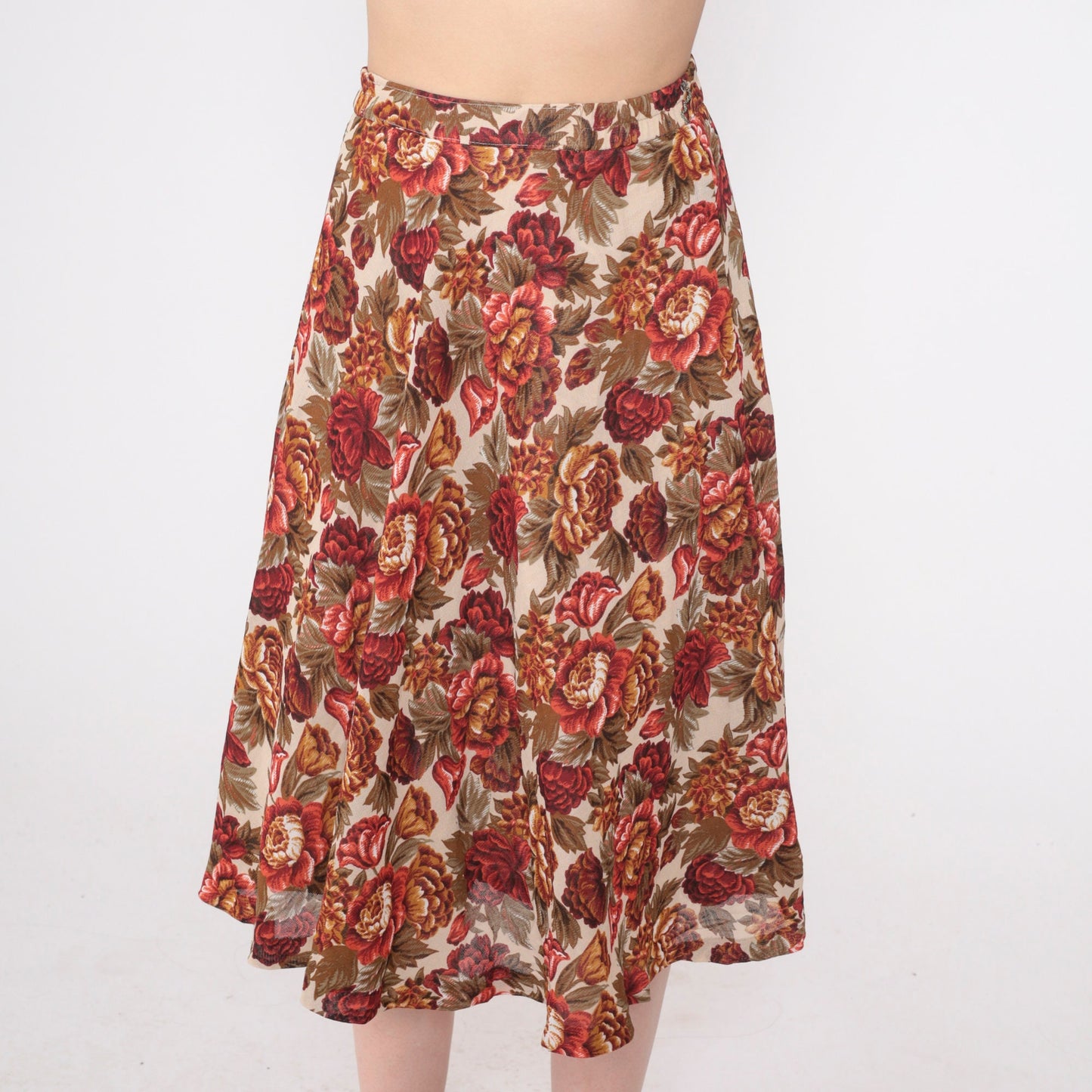 90s White Floral Midi Skirt High Waisted Rose Print A-Line Extra Small