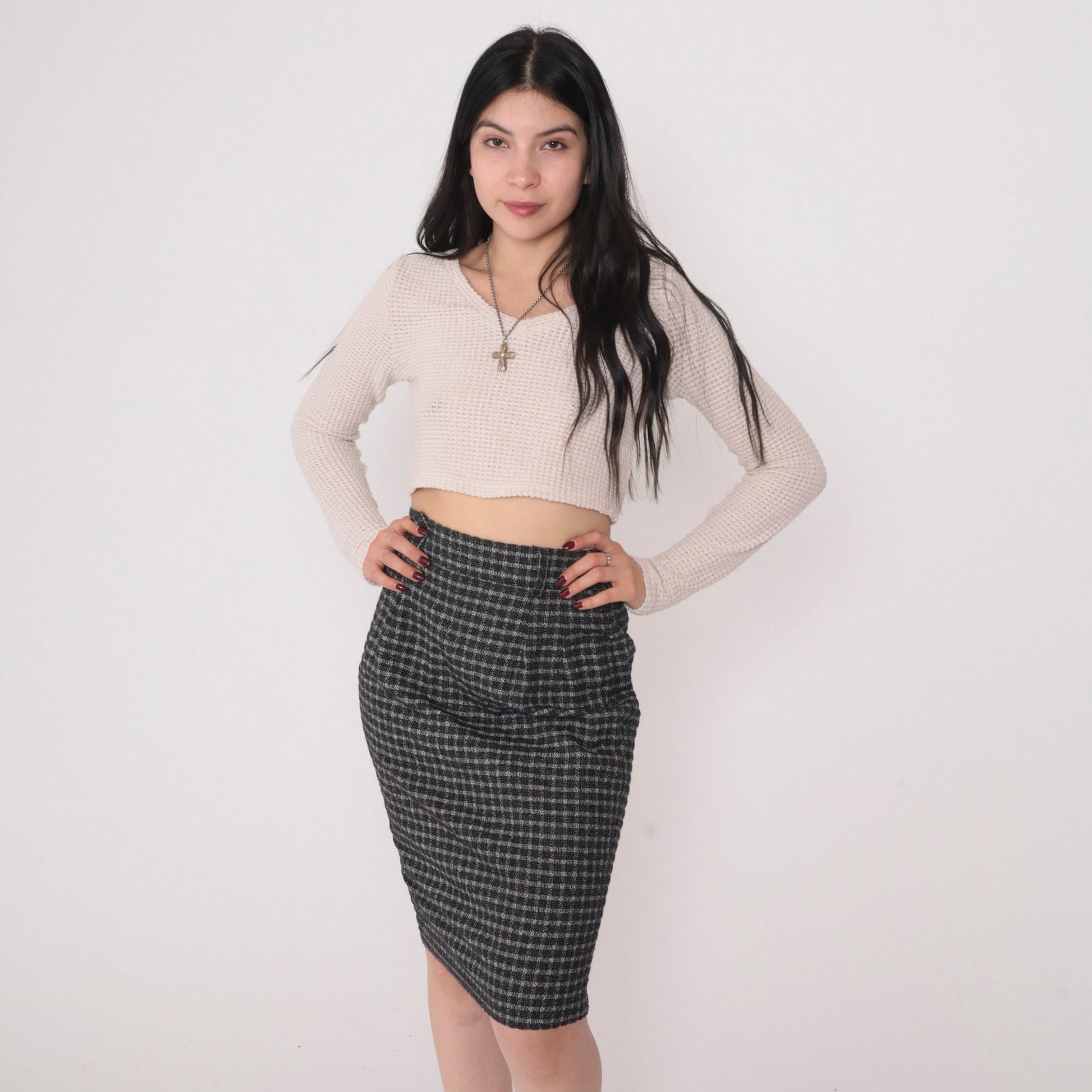90s Black Grey Checkered Pencil Skirt High Waisted Mini Extra Small